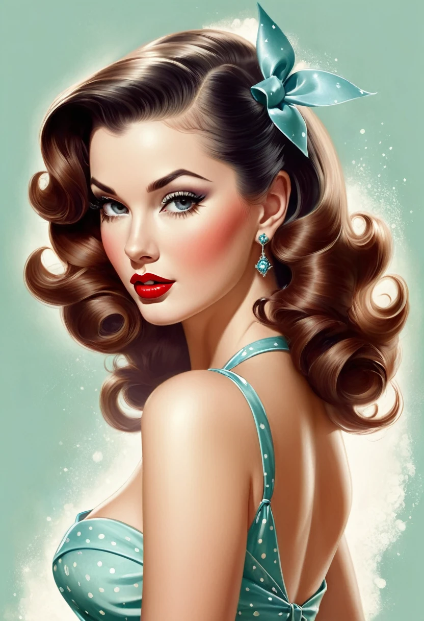 Un dibujo de una mujer con cabello largo y un vestido, Airbrush illustration, by Ric Nagualero, Anna Dittmann Alberto Vargas, arte pin-up, dibujado al estilo de artgerm, por Randy Vargas, beautiful gorgeous digital art, hermoso arte digital, inspirado en alberto vargas, hermoso estilo de dibujo, hermoso arte digitalwork, chica pin-up