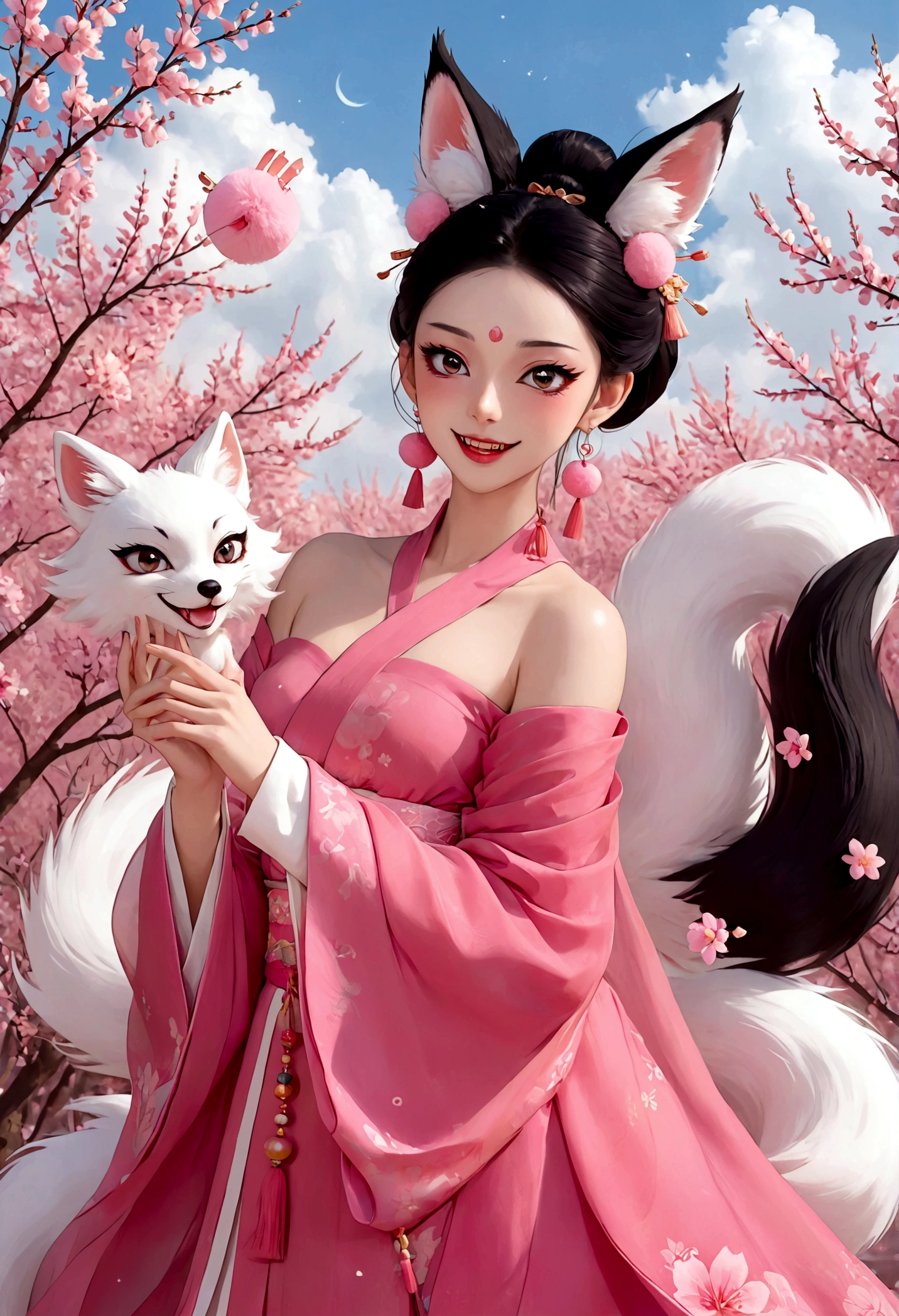 Nine-tailed fox demon，Beautiful face，beautiful eyes，laughing out loud，Fangs，Big fluffy tail，Black high bun，Forehead hair，Pink pompom earrings，Pink off-shoulder Hanfu，Spells，Petals in the sky，dreamlike