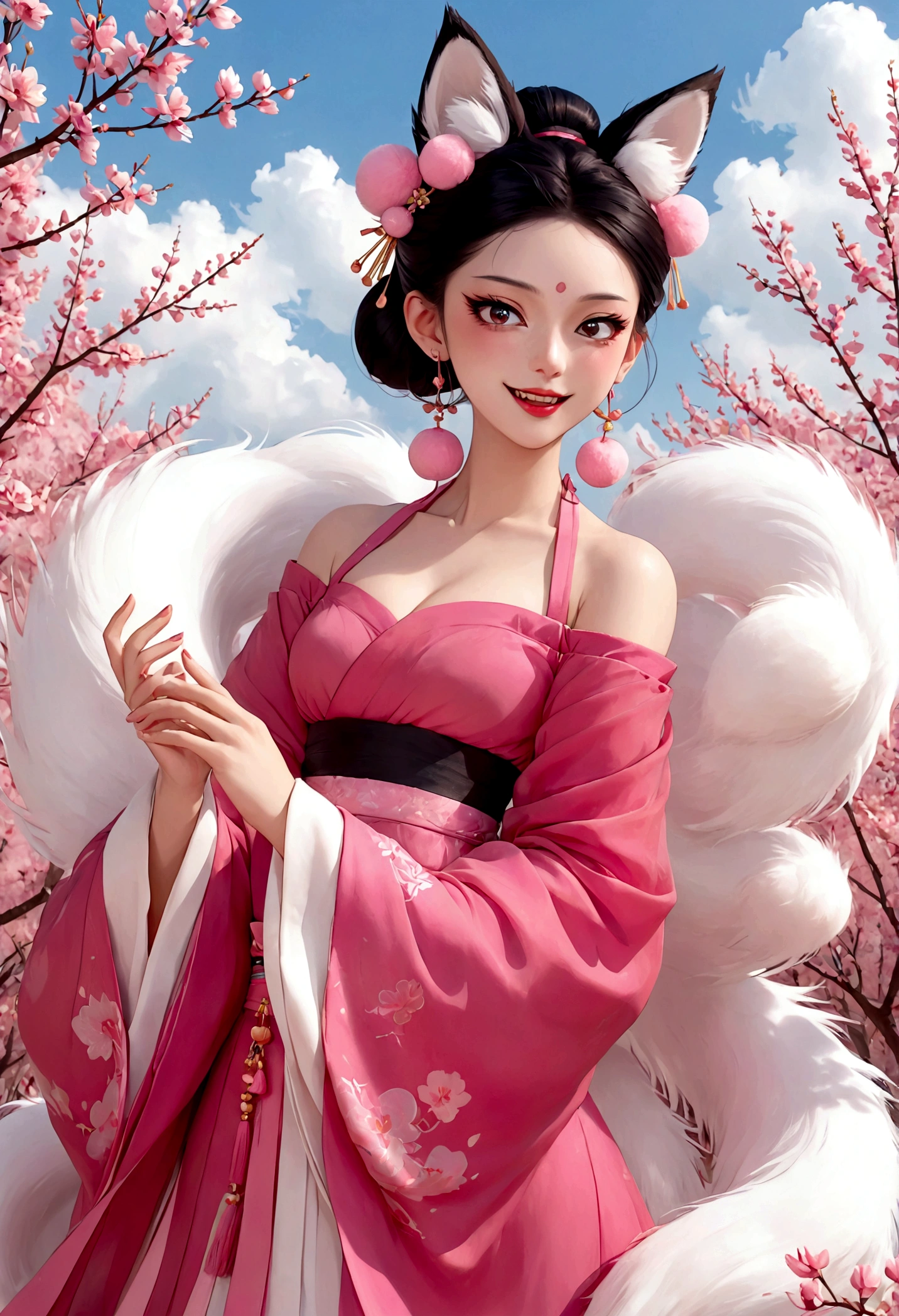 Nine-tailed fox demon,Beautiful face,beautiful eyes,laughing out loud,Fangs,Big fluffy tail,Black high bun,Forehead hair,Pink pompom earrings,Pink off-shoulder Hanfu,Spells,Petals in the sky,dreamlike