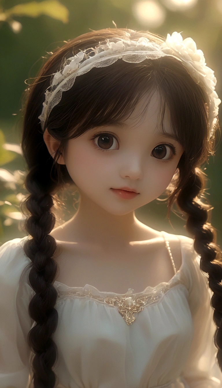 ((best quality, 8K, masterpiece :1.3))little girl、 Cute anime style, ,Brown double braids、，solitary,Exquisite eyes, ((Dark brown hair, Large Breasts :1.2)), Beautiful lace lingerie（8K）（HD）（（best quality））， （（Intricate details））， （8K）