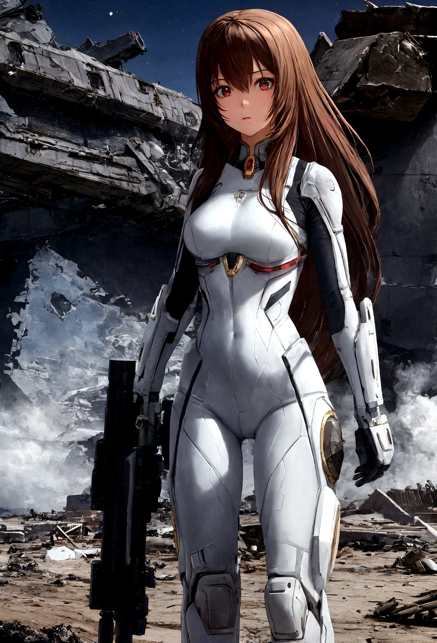 Animated Superwoman High quality gun-equipped female protagonist、Boldly placed in front of a devastatingly destroyed spaceship、It's reminiscent of the official character art。On a desolate background、Dust from a once thriving galaxy々The remains of the、It reminds me of the setting of a fallen empire.。The surrounding atmosphere A woman stands out in the foreground.、Her images are ultra-detailed, high-resolution masterpieces.。Slim figure