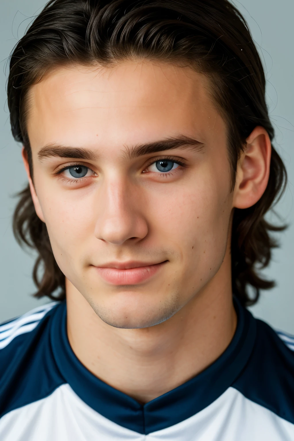 ((best quality)), ((masterpiece)), (detailed), 85mm DSLR colour photography of a very detailed headshot fitting all of head and hair in frame. Portrait of 23 year old polish soccer player, long dark hair and blue eyes, crooked nose,small mouth, with a small smile, grey background