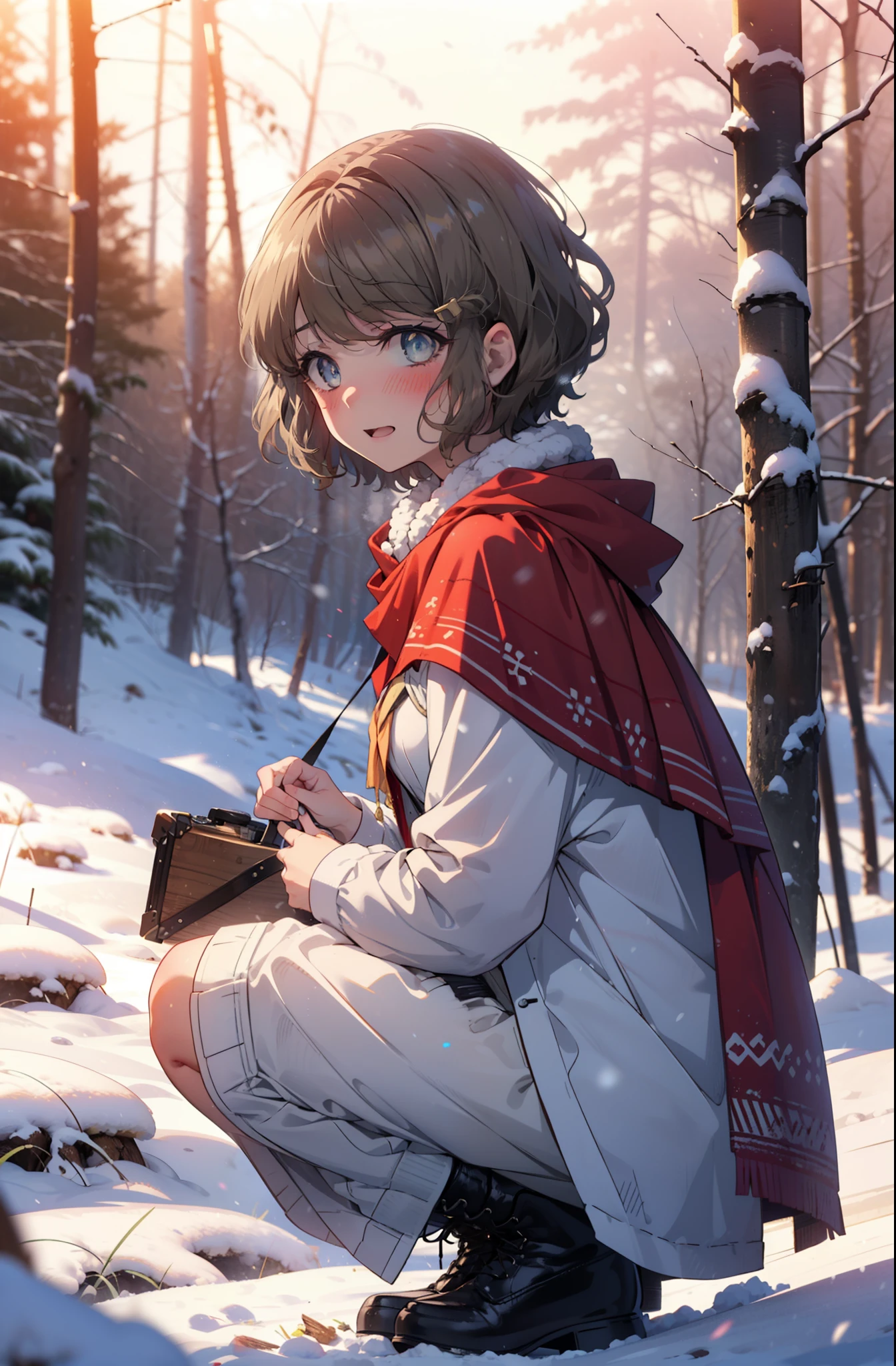 tomoekoga, Chie Koga, short hair, Brown Hair, blue eyes, hair band,smile,blush,White Breath,Center of chest,
Open your mouth,snow,Ground bonfire, Outdoor, boots, snowing, From the side, wood, suitcase, Cape, Blurred, having meal, forest, White handbag, nature, Squat, Mouth closed, Cape, winter, Written boundary depth, Black shoes, red Cape break looking at viewer, Upper Body, whole body, break Outdoor, forest, nature, break (masterpiece:1.2), highest quality, High resolution, unity 8k wallpaper, (shape:0.8), (Beautiful and beautiful eyes:1.6), Highly detailed face, Perfect lighting, Highly detailed CG, (Perfect hands, Perfect Anatomy),