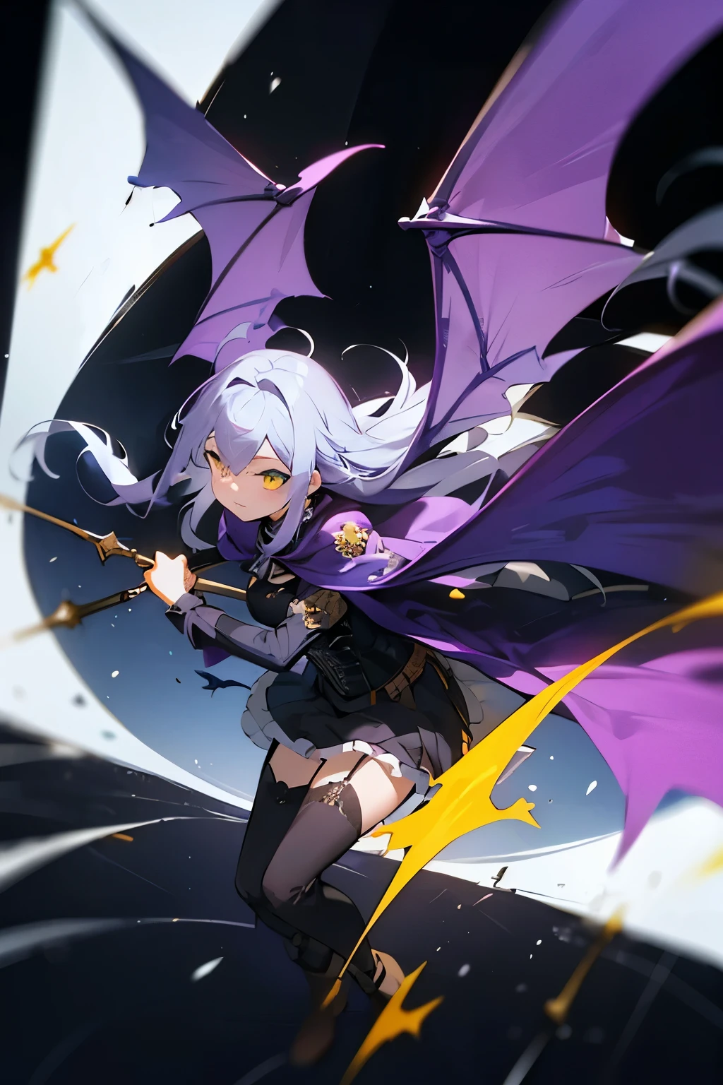 Cool cute、cool、、Western、Fantasy clothes、Long Hair、Gray Hair、Purple Hair、Black clothes、Put the dagger in the garter、front、I'm looking here、corset、Cape、boots、fishtail skirt、In a gothic dark house、Blue Moon、Get closer to the people、1 person purple、yellow、Yellow and purple eyes、 Baggy、Cute face、 cool、Small breasts