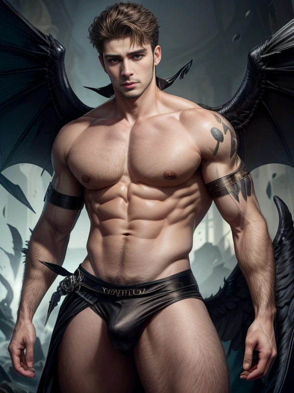 ((obra de arte, melhor qualidade, high resolution)) A handsome man with black demon wings, olhos vermelhos, Orelhas pontudas, muscular