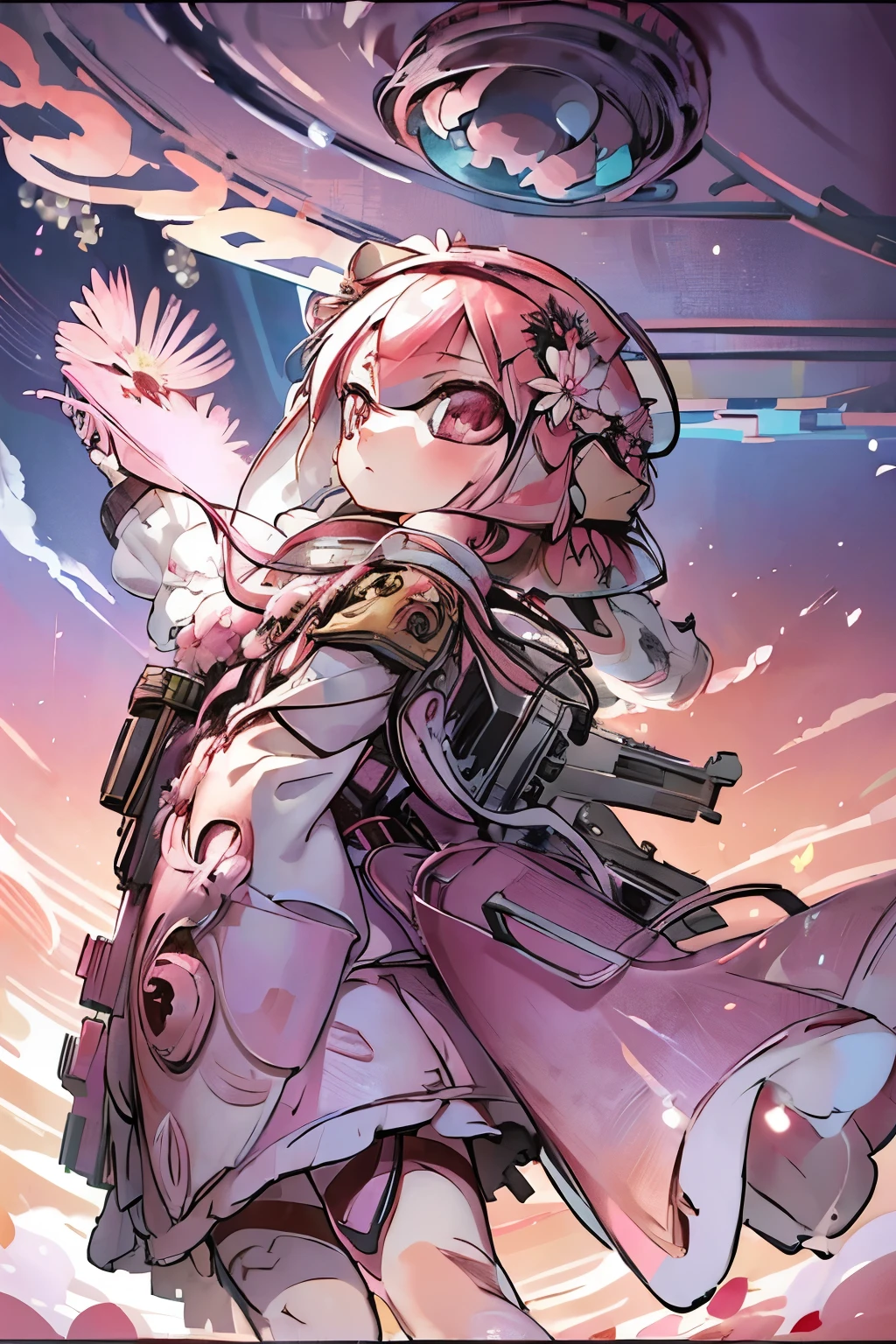masterpiece、highest quality、High resolution、Real Anime、3D、background image、Flower Field、Flowers on one side、Lots of petals、SakuraFubuki、beautiful、beautiful、You can see far from the top of the hill、Ultra-wide angle、Splatoon Girl、20-year-old、((From the back))、((Angle from below))、((full body))、Pink tentacle hair、Metallic shiny tentacle hair、Flower Hair Ornaments、Flower crown、(((looking up:1.5)))、Looking at the flowers above、Are standing、(((From the back)))、The flowers are scattered far and wide、Punk Battle Suit、Grabbing a gun、Clear sky、Little clouds、