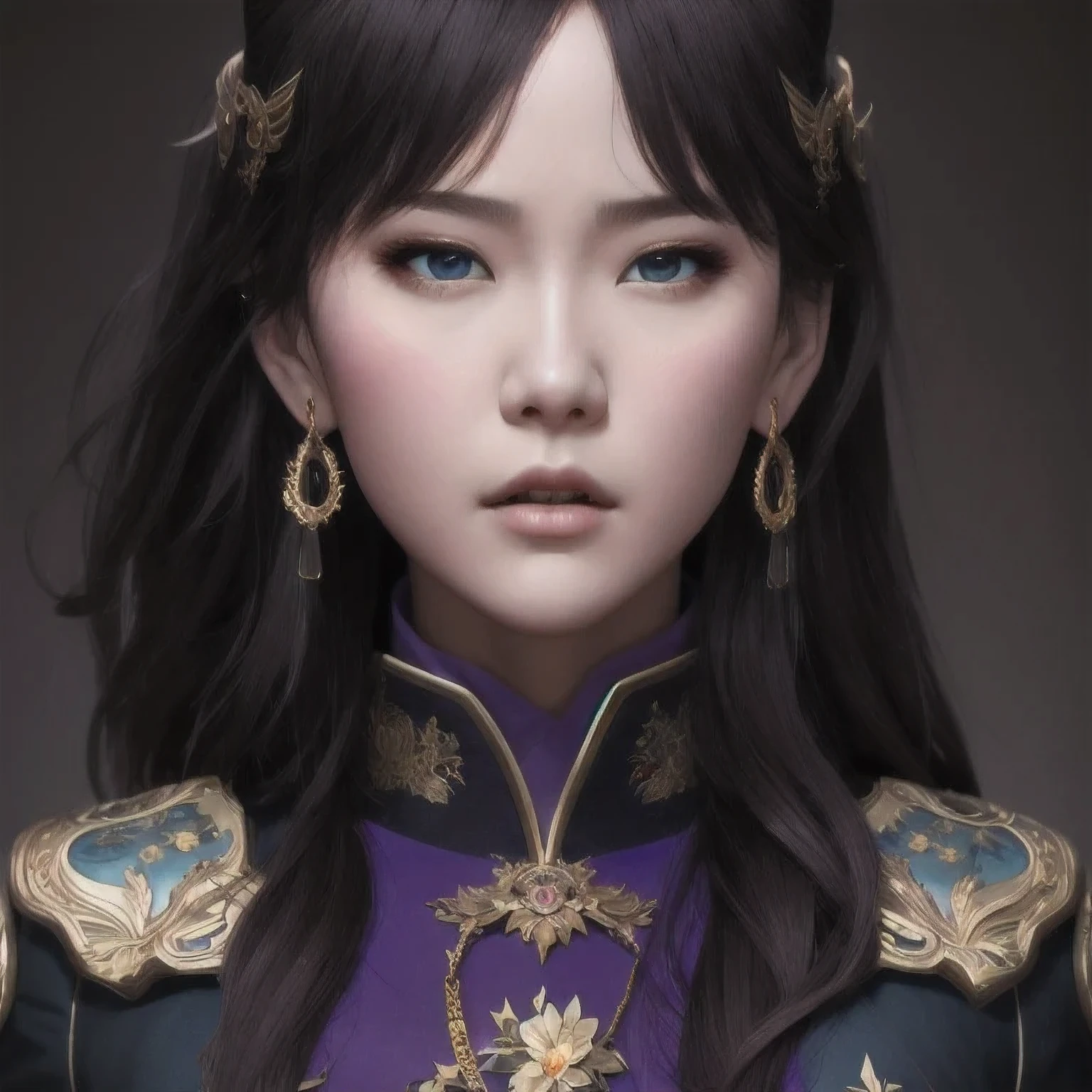 (((Disgusted look)))there is a 18 years old in a purple dress holding a dragon, wlop and ross tran, ross tran 8 k, fantasy art style, chengwei pan on artstation, a beautiful fantasy empress, ross tran and wlop, ruan jia and artgerm, the dragon girl portrait, ig model | artgerm, artgerm and ruan jia，beautiful
1girl
bangs
blue eyes
closed mouth
ear piercing
earrings
grey background
hair ornament
jewelry
lips
looking at viewer
military
military uniform
nose
piercing
portrait
realistic
short hair
simple background
solo
upper body