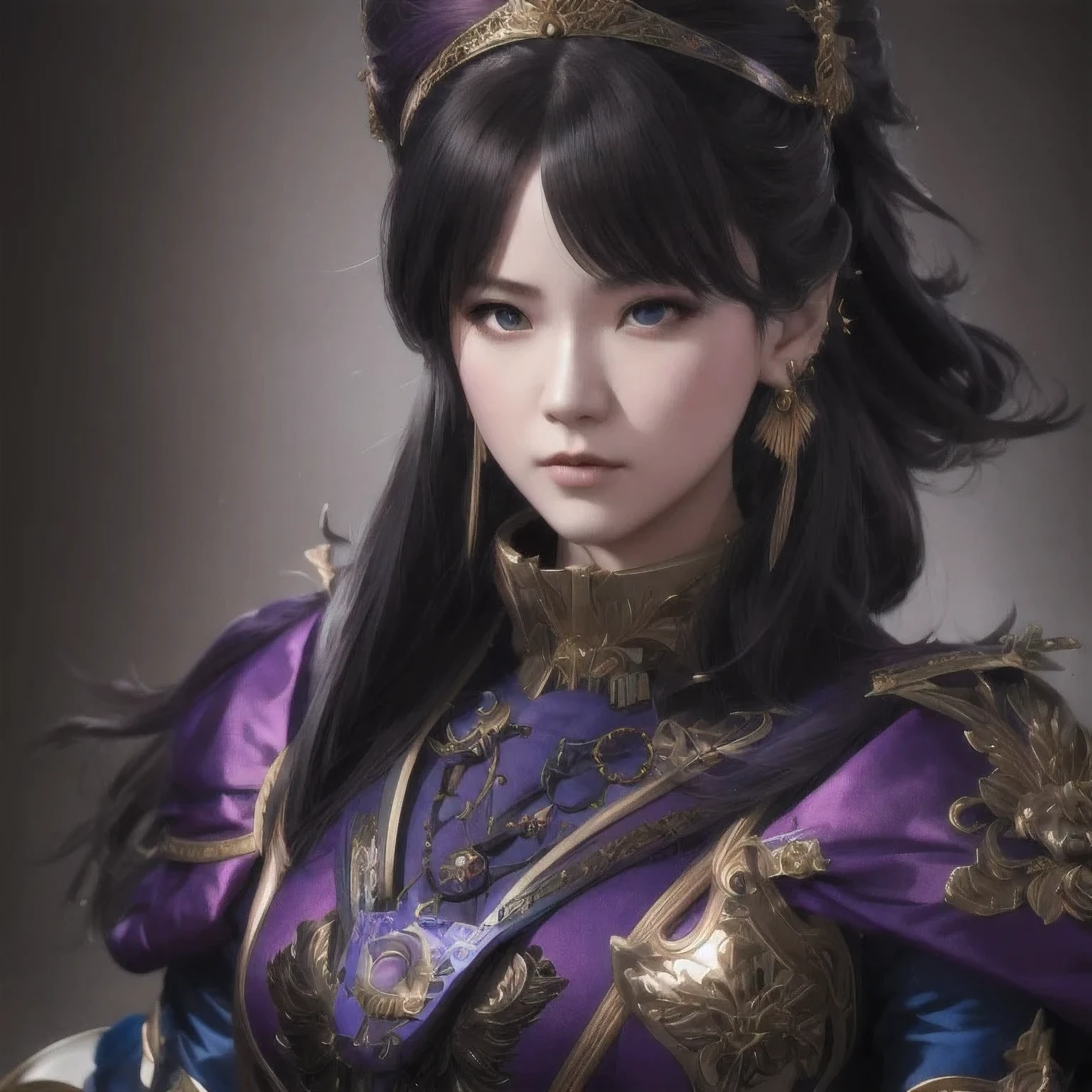 (((Disgusted look)))there is a 18 years old in a purple dress holding a dragon, wlop and ross tran, ross tran 8 k, fantasy art style, chengwei pan on artstation, a beautiful fantasy empress, ross tran and wlop, ruan jia and artgerm, the dragon girl portrait, ig model | artgerm, artgerm and ruan jia，beautiful 1girl bangs blue eyes closed mouth ear piercing earrings grey background hair ornament jewelry lips looking at viewer military military uniform nose piercing portrait realistic short hair simple background solo upper body