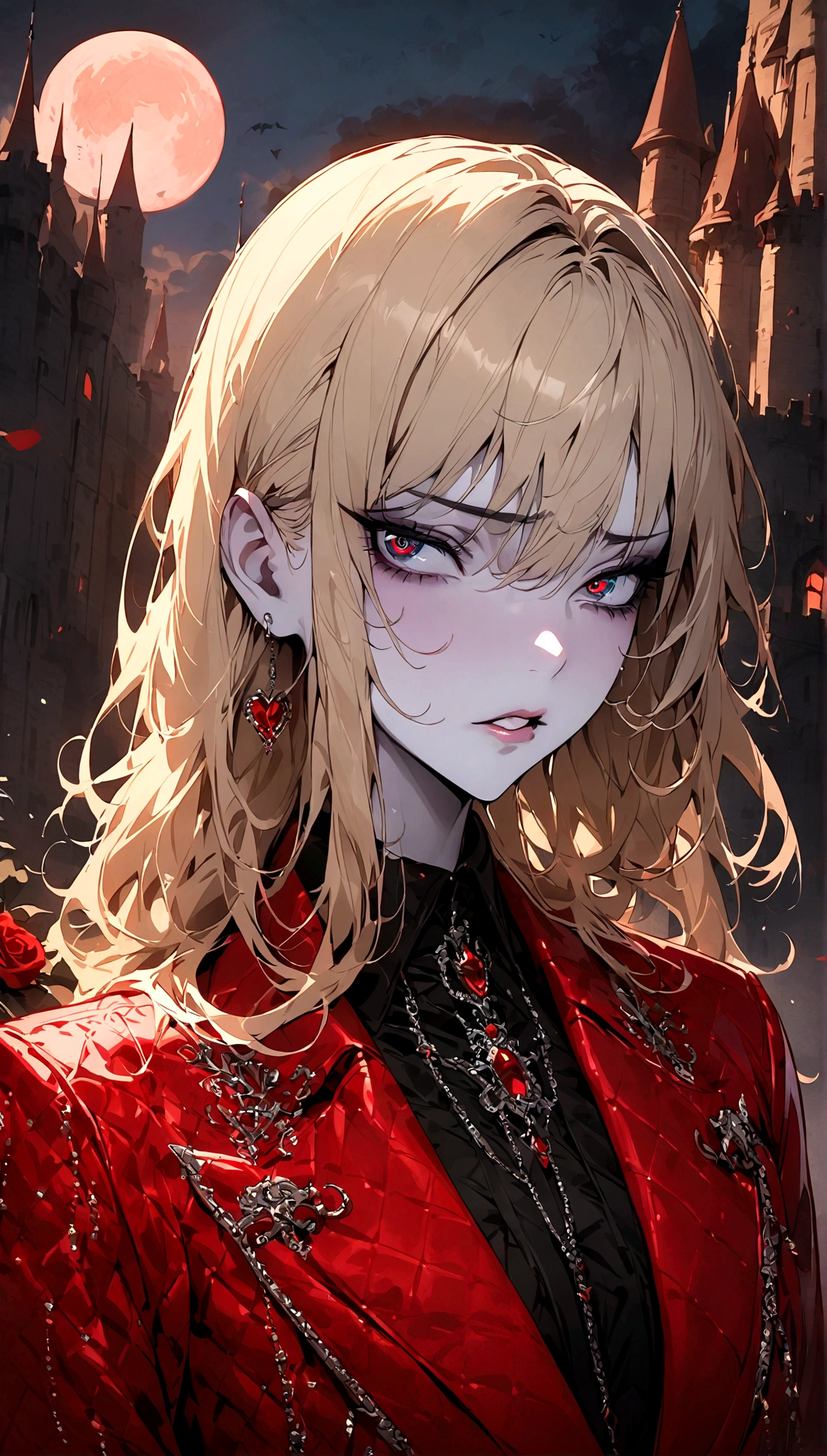 masterpiece, best quality, 1 Vampires, (Pale skin), Long blond hair, Disgusted look, moon, night, Red luxury suit, Pursed lips, castle, Detailed background, Red rose, Fashion, (Focus only), (Perfect face:1.1), (High Detail:1.1), (Extremely detailed eyes), Dramatic,