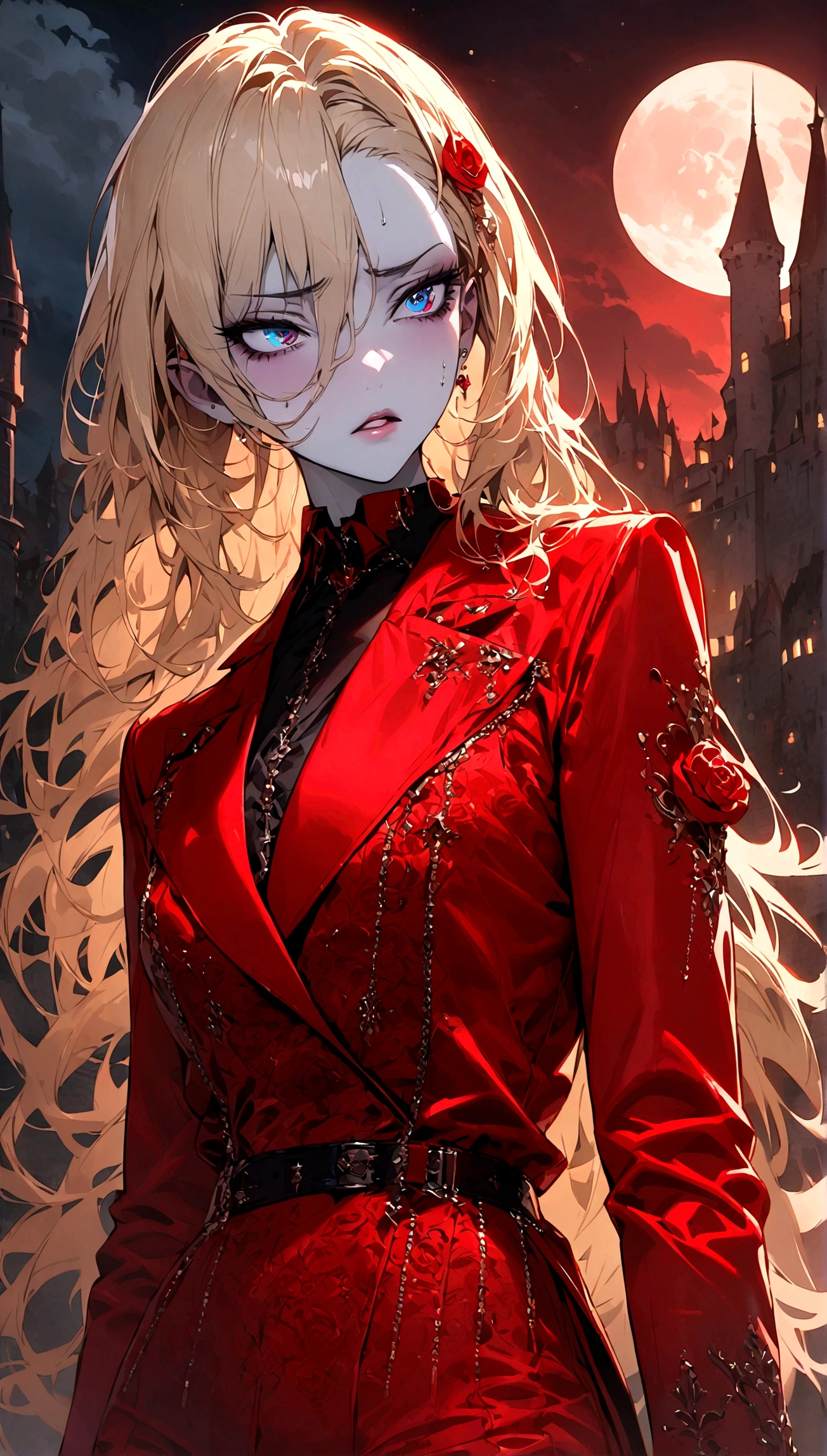 masterpiece, best quality, 1 Vampires, (Pale skin), Long blond hair, Disgusted look, moon, night, Red luxury suit, Pursed lips, castle, Detailed background, Red rose, Fashion, (Focus only), (Perfect face:1.1), (High Detail:1.1), (Extremely detailed eyes), Dramatic, 