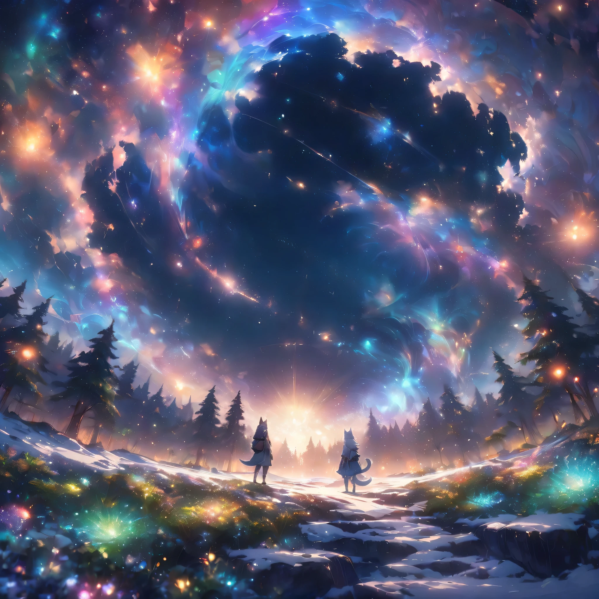 expansive landscape photography (a view from below showing the sky above and an open forest below), woman standing on a paved path looking at the landscape, wolf woman, full fur, white fur (particle of light around the wolf woman), full tail, white hair (long and bushy), heated outfit (made of high quality fur and embroidery), night setting, (full moon: 1.2), (shooting stars: 0.9 ), (nebula: 1.3), (warm light source: 1.2), (Firefly: 1.2), (snowflake: 1.0), (snow on tree) (masterpiece: 1.2), (best quality) , 4k, ultra detailed, (dynamic composition: 1.4), very detailed and colorful details, (iridescent colors: 1.2), (vivid lighting, ambient lighting), dreamy, magical, (alone: 1.2)