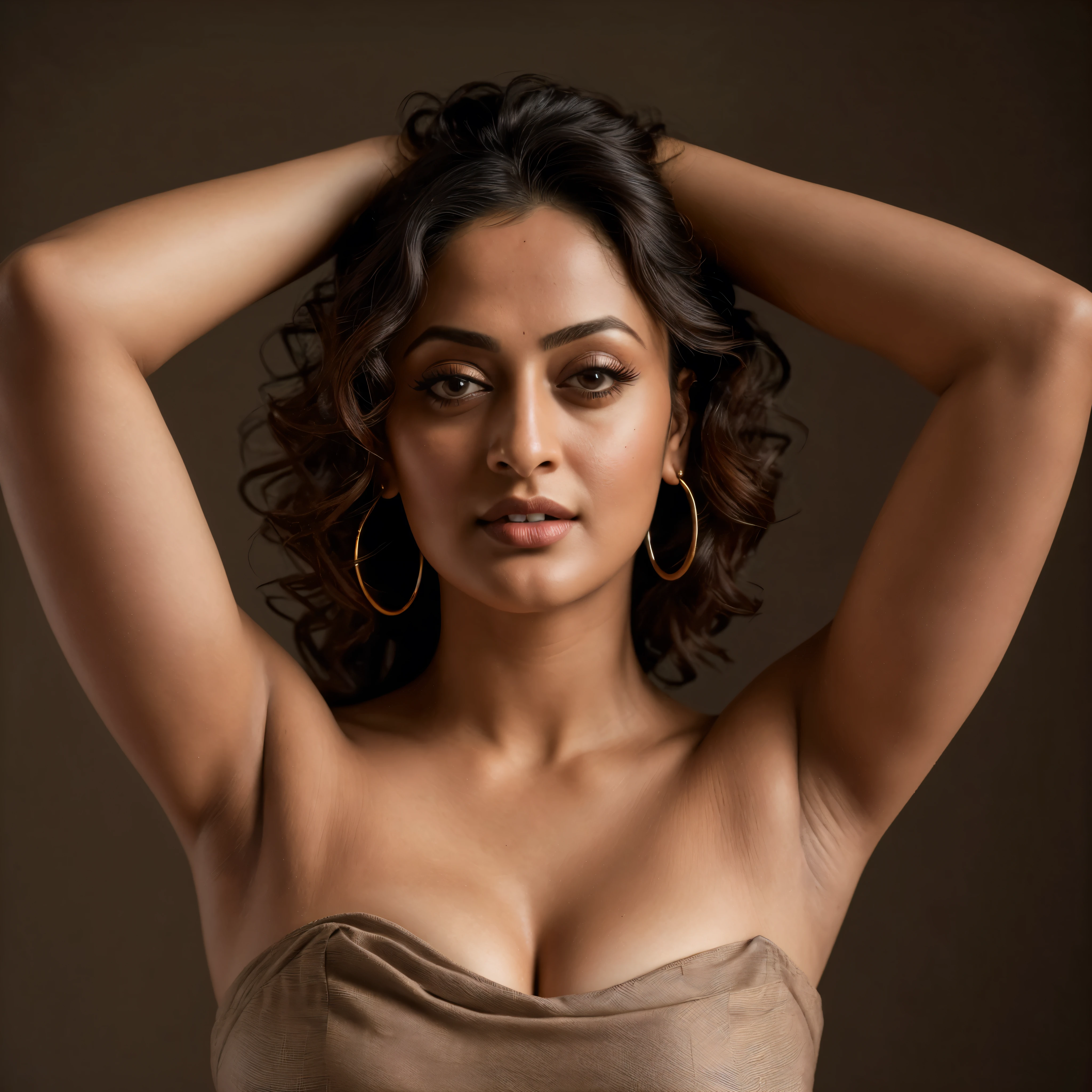 Looks like Sandeepa Dhar, a photo portrait of a beautiful girl 40 years old Woman, curvy hot mommy figure, fleshy figure, with curls, styled black hair, (face portrait:1.5), dramatic light, Rembrandt lighting scheme, bust shot, linen tank top , top quality editorial photograph, skin texture, skin pores, chocolate skin, high quality skin, top quality photography, professional photography, professional retouching, insane detailing, warm moody tones, modern clothes, highly detailed armpits, 