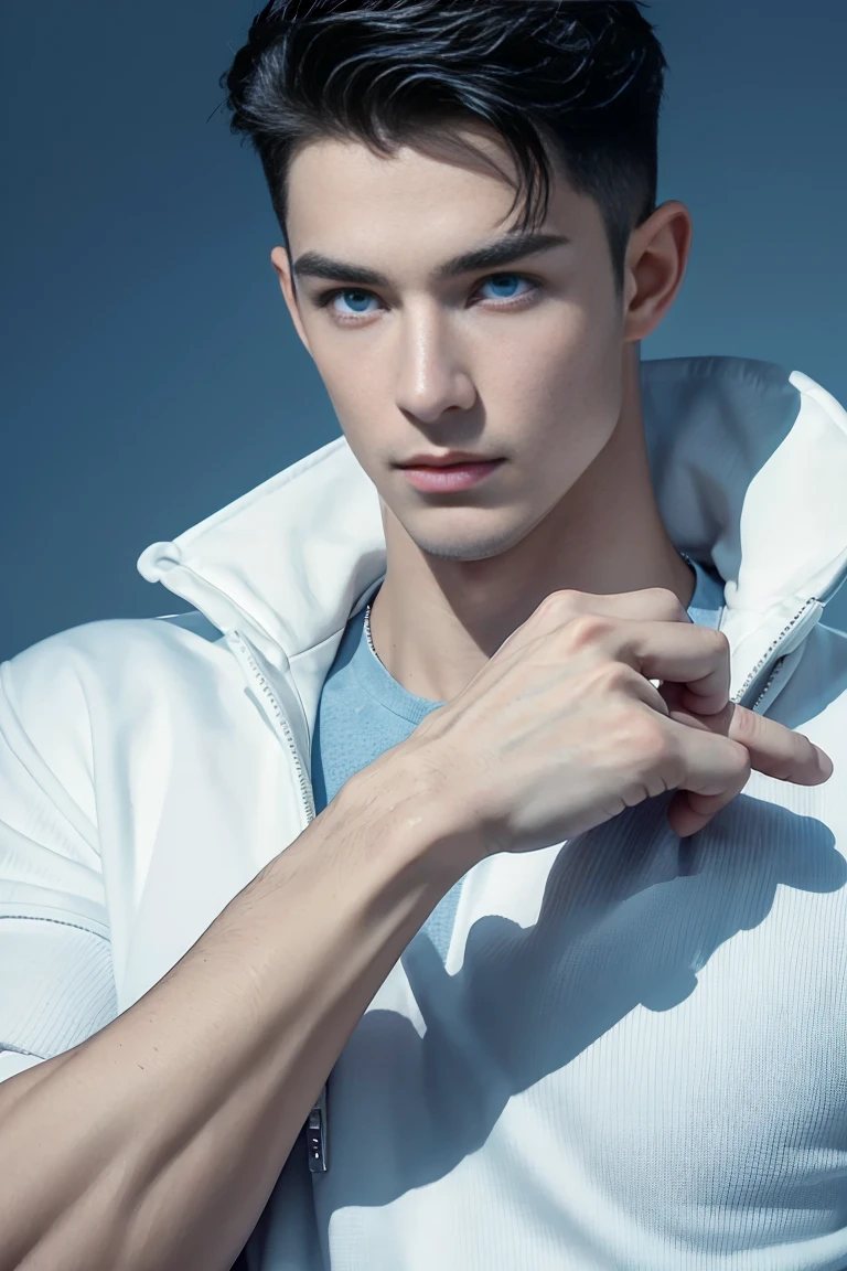 Ultra wide angle,((masterpiece)),((best quality)),8K,High Detail,Very detailed, 2 handsome muscular boys,Very manly,blue eyes,Fashionable short hair,Vivid male image, fashion pose, masculine expression,Real skin texture, ((Perfect hand details)),(Real and complete hand details),Light,
Royal blue style couple,White male model photos