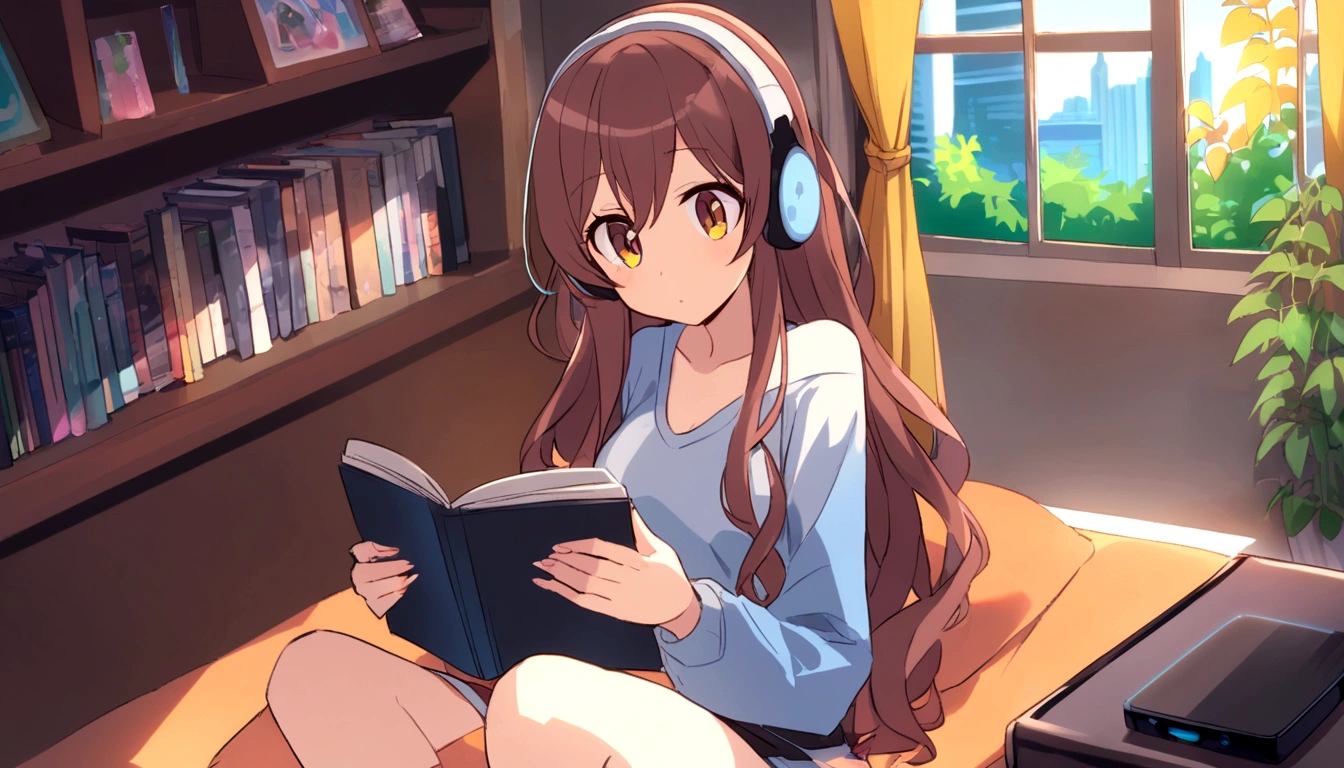 Feminized Maple Manyo, night outside the window, reading a book seriously while listening to music on headphones in bed in her room, staying up late, girl with long hair, large eyes, city pop style fashion.