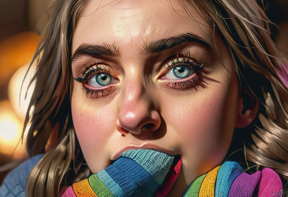 a girl smelling the odor of her own discarded socks with a disgusted expression, beautiful detailed eyes, beautiful detailed lips, extremely detailed eyes and face, long eyelashes, detailed facial features, disgust expression, socks, discarded socks, close-up, highly detailed, photorealistic, 8k, masterpiece, realistic, photo-realistic, vivid colors, warm lighting, dramatic lighting