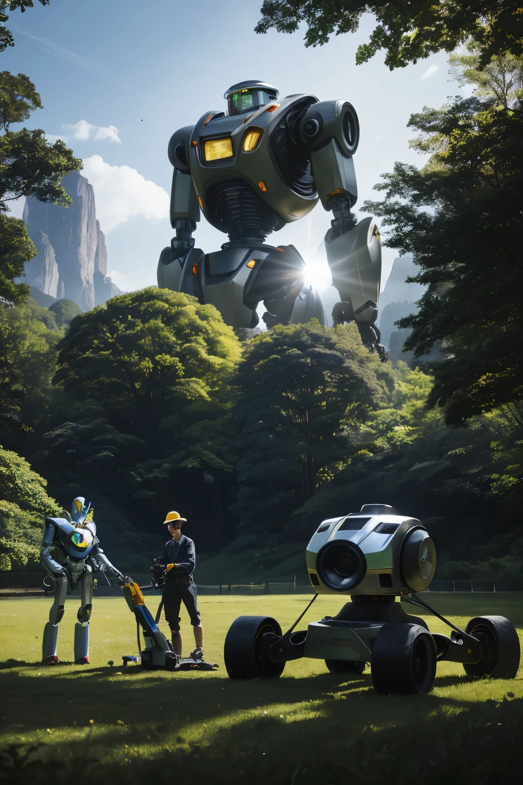 "In a serene rural landscape, flanked by towering mountains and verdant trees, stands an imposing Atom Robot made of gleaming steel. Amidst this outdoor improvisation for repair, the robot is being meticulously tended to. Captured through the lens of a Leica SL2 camera, the Vario-Elmarit-SL 24-90mm f/2.8-4 ASPH lens magnifies the scene with striking clarity and vibrant colors. Charlie and Max collaborate in the foreground, their portable tools scattered around, as they disassemble the partially dismantled robot. Sunlight engages in a dance, creating natural reflections on the