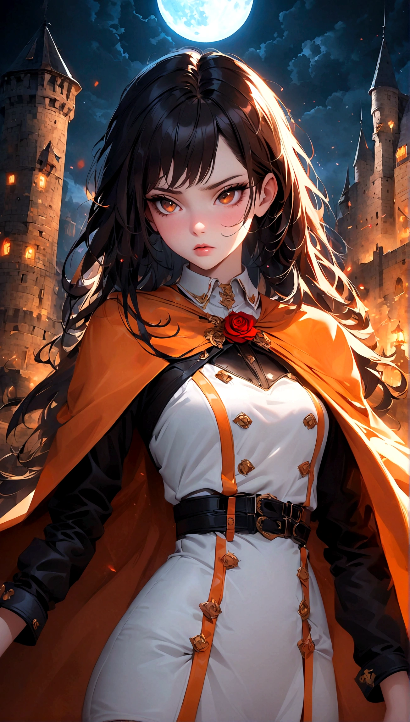 Long black hair white 17 year old girl wearing military uniform, Orange cape, Disgusted look, Big brown eyes, Science Fiction, dark mood, moon, night, Pursed lips, castle, Detailed background, artgerm art, movie lighting, Red rose, Fashion