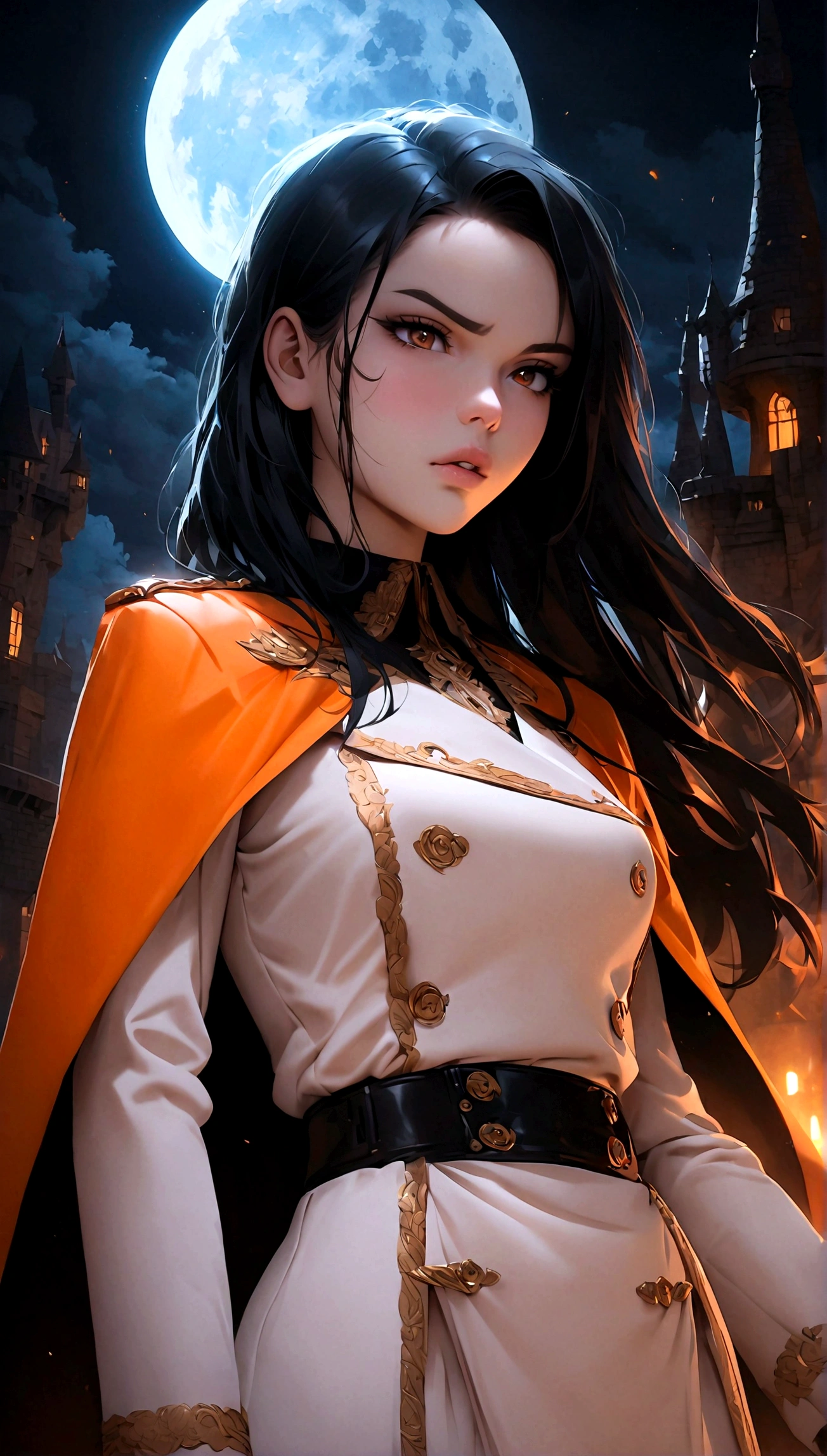 Long black hair white girl wearing military uniform, Orange cape, Disgusted look, Big brown eyes, Science Fiction, dark mood, moon, night, Pursed lips, castle, Detailed background, artgerm art, movie lighting, Red rose, Fashion