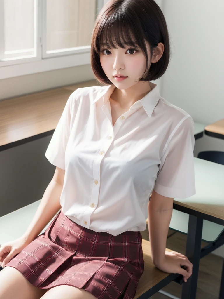 (8k, Photorealistic, Raw photo, Highest quality: 1.4),Japanese idol-style beautiful girl,1 person,,Hairstyle(Short Bob,Black :1.4),She has her hair tucked behind her ears,Large, clear grey eyes,Long eyelashes,Plump Cheeks,Thin and delicate shoulders,thin abdomen,(She is wearing a plain white short-sleeved blouse),(All buttons are undone.6),(The hem is left out :1.6),(bra(Pink)Wearing),(Pleated skirt(Plaid)Wearing),Blackの靴下を履いている,School classroom,(Sit on a desk(Legs wide open :1.4)),(Place your hands on your crotch),(Angle from below the front),Full body portrait