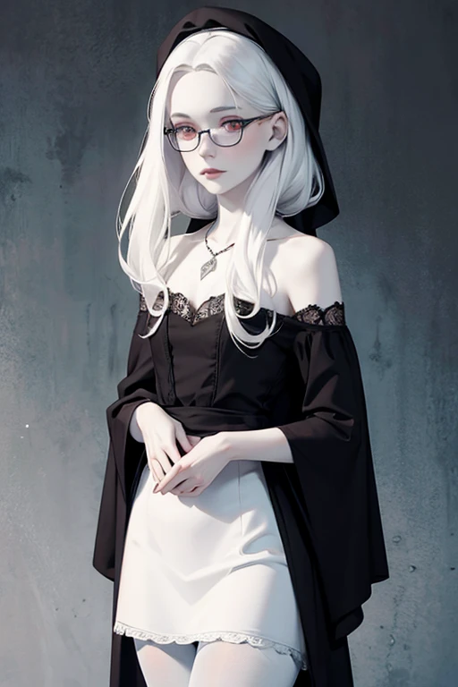 Young girl, black overcoat, lollipop in mouth, stylish round black glasses, suit and tie underneath, long white hair, anime girl, semi relist, detailed, ghost town background, zombie background, hire strong. --auto --s2