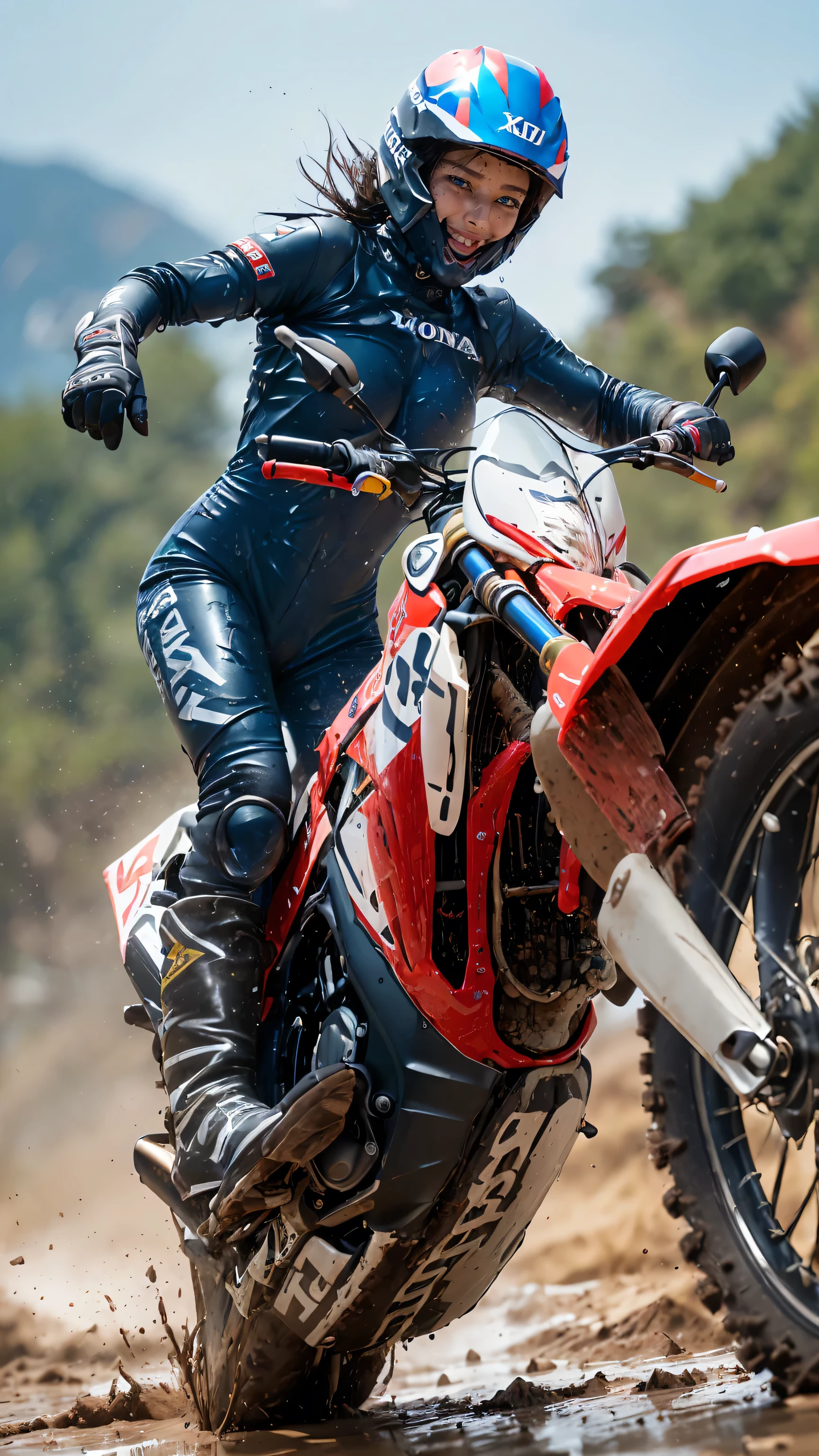 ((1 screen,Dynamic Angle,No logo required:1.5)), ((Austrian mining town,Erzbergrodeo,Enduro Race)), (((Driving uphill on a dirt road))), (((His face and bodysuit were covered in mud.:1.3))), (((her drives a large motorcycle made by the HONDA company XLV750R:1.8))), break (highest quality,4K,8k,High resolution,masterpiece:1.2),Super detailed,(Realistic,photoRealistic,photo-Realistic:1.37), (perfect anatomy), (Perfect ratio of fingers to thumb), (Symmetrical face), Break Midsummer Afternoon,hot,Sweat:1.3, ((Sunlight is strong)), break ((Wearing a dark blue bodysuit:1.5)), (Beautiful young female rider(Helmet,gloves,Boots only:1.4)), break ((A stunning 8-head body proportion)), (Beautiful firm medium breasts,Beautiful valley,Underboob), (Flat stomach), (Narrow waist), ((Beautiful big ass)), (Beautiful body), break (((Expressing a sense of speed:1.5))), (((Mud splashing))), ((The breeze is pleasant)), (((A smile comes to mind))), (((I'm so happy I can't help but laugh))), (((yay!!!))), break ((HONDA XLV750R: Car height,High seat height,A big car for her)) break