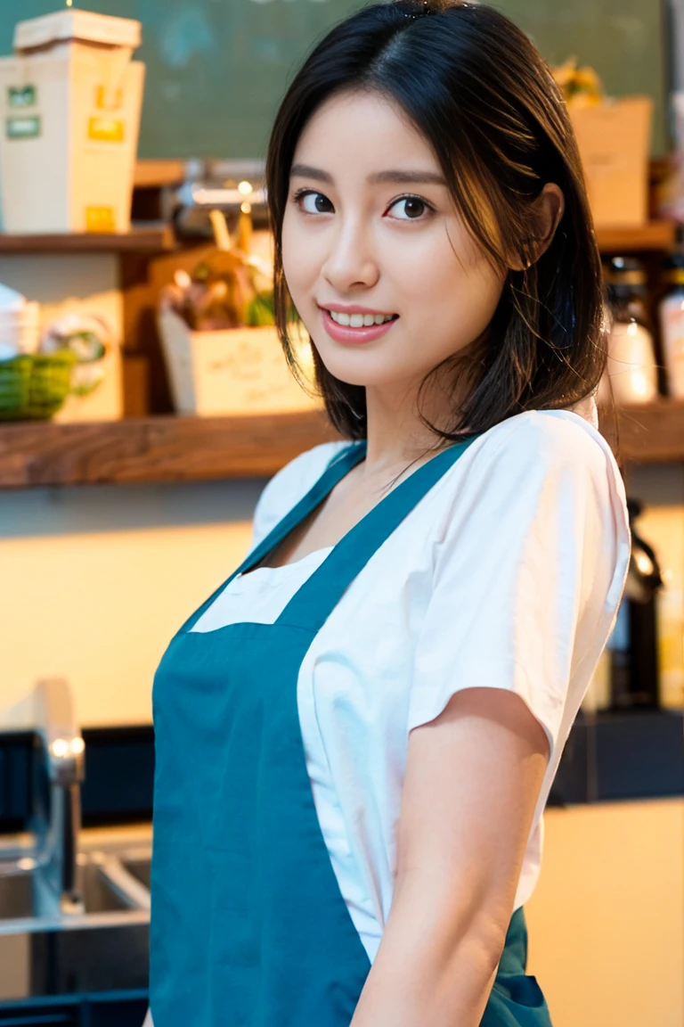 (Realistic、Photorealistic、Ultra-detailed、Highest Detail Skin、highest quality、masterpiece、超A high resolution)、Very cute Japanese woman、18-year-old、Gradient lighting、One Girl、Purelos Face、(((((((Naked Apron、Wear only an apron、Green apron only、No clothes)))))))、(((Coffee shop clerk、Serve customers at the counter)))、On the bed、Laughter、Realistic skin types、Perfect Style、Gravure idol pose、shortcut,((The camera is from the side of the body)),