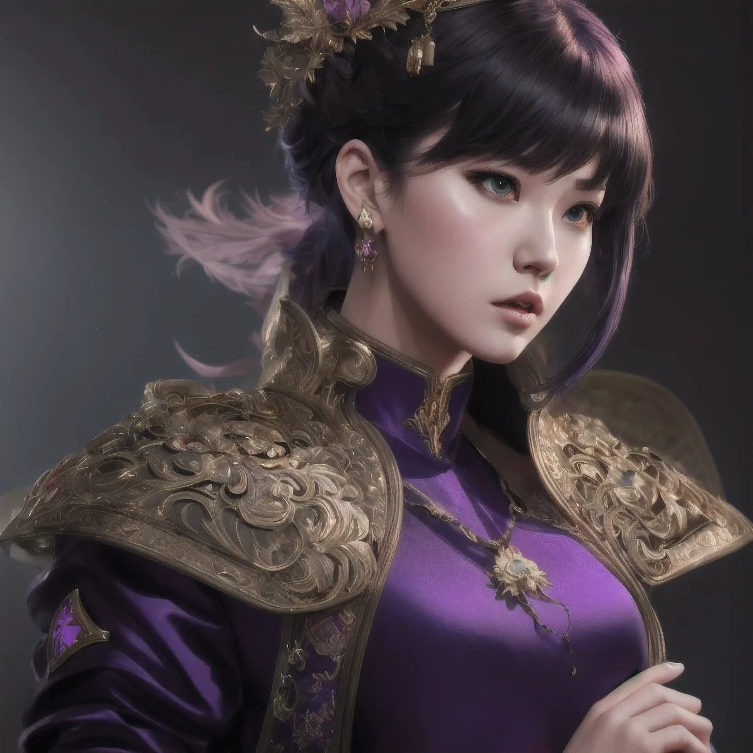 (((Disgusted look)))there is a 18 years old in a purple dress holding a dragon, wlop and ross tran, ross tran 8 k, fantasy art style, chengwei pan on artstation, a beautiful fantasy empress, ross tran and wlop, ruan jia and artgerm, the dragon girl portrait, ig model | artgerm, artgerm and ruan jia，beautiful
1girl
bangs
blue eyes
closed mouth
ear piercing
earrings
grey background
hair ornament
jewelry
lips
looking at viewer
military
military uniform
nose
piercing
portrait
realistic
short hair
simple background
solo
upper body