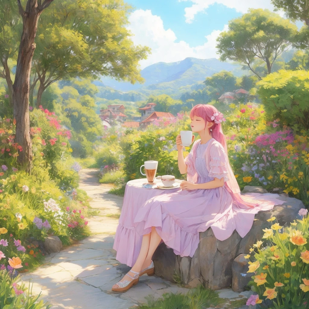 Super detailed、highest quality、最高masterpiece、The best composition、Dynamic composition、super huge coffee cup、 fairy、sitting on the edge of a coffee cup、highest quality、masterpiece、Official Art、16ｋ、so beautiful、Very detailed、Ultra-fine、Confused、A warm, pastel-colored world、Cute and fluffy、Close your eyes and take a nap.、