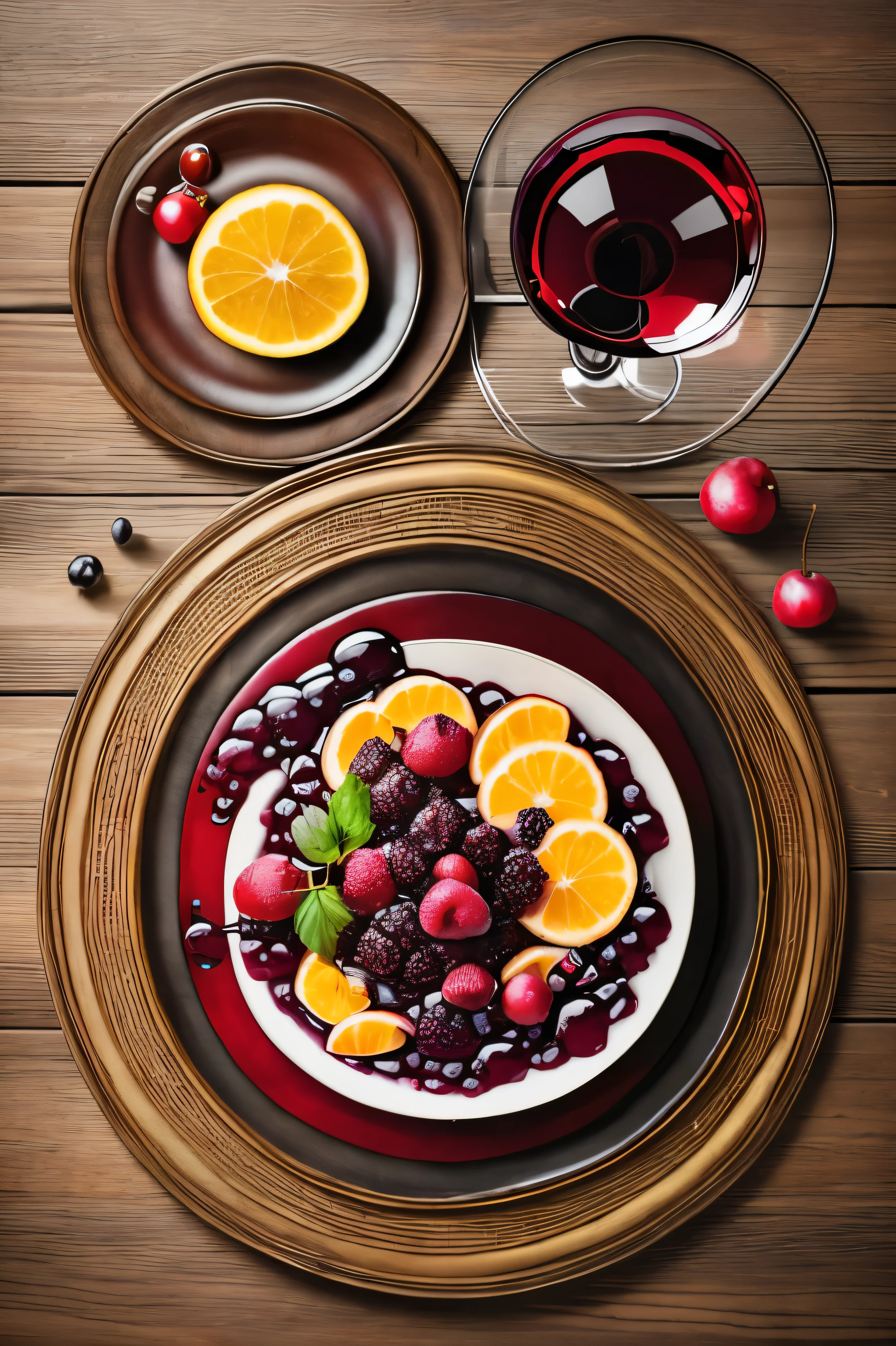  a glass of red wine, a dish of ripe fruit, a wooden table, top view, high quality, photorealistic, ultra-detailed, cinematic lighting, warm color tones, intricate textures, glowing candles, refined still life compositio