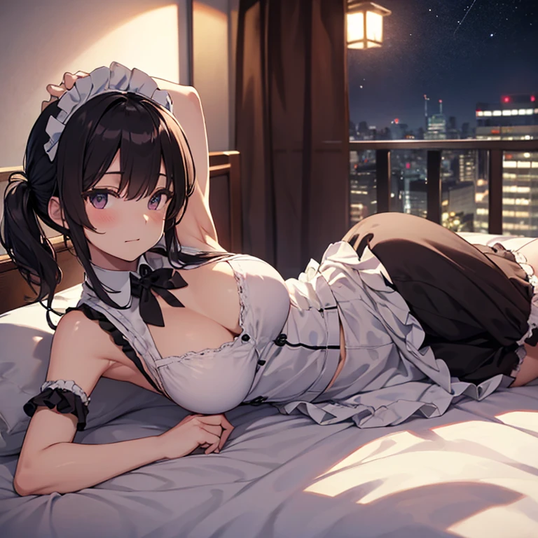 A maid, (in bedroom), various hair styles, night, details face, short skirt, seducing, sleeveless, maid uniform, armpits, laying on bed