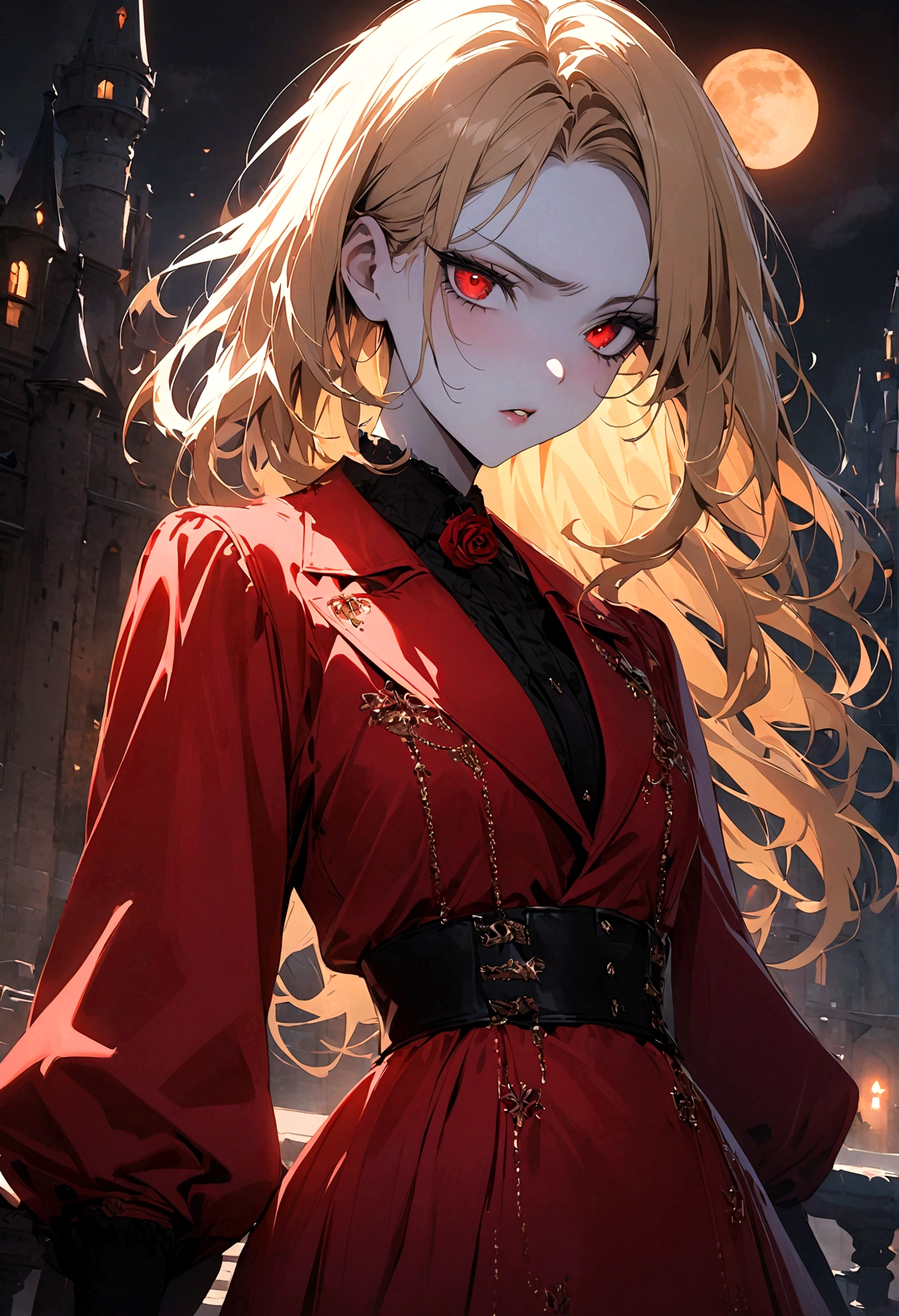 1 Vampires, (Pale skin), Long blond hair, Disgusted look, Red luxury suit, Pursed lips, castle, moon, night, Detailed background, Red rose, Fashion, Focus only, Perfect face, High Detail, Extremely detailed eyes, Dramatic, masterpiece, best quality,