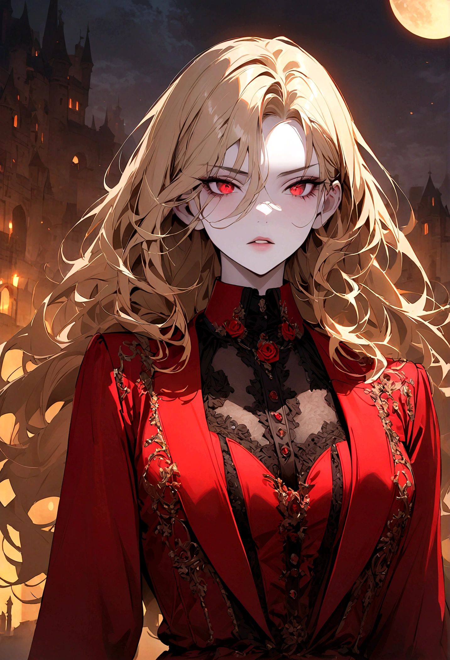 1 Vampires, (Pale skin), Long blond hair, Disgusted look, Red luxury suit, Pursed lips, castle, moon, night, Detailed background, Red rose, Fashion, Focus only, Perfect face, High Detail, Extremely detailed eyes, Dramatic, masterpiece, best quality,