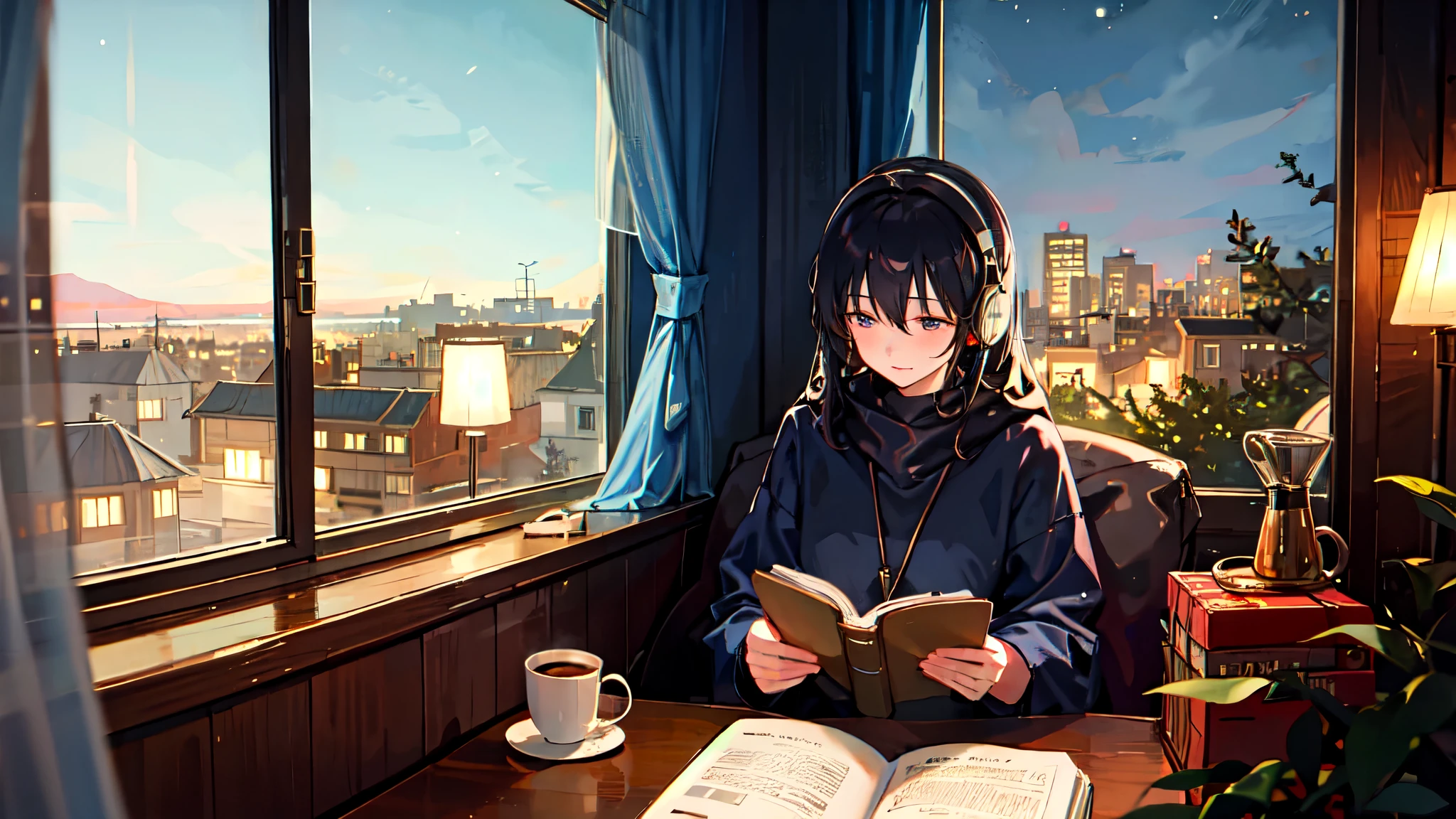 ((1 girl))、Black Hair、Quiet room at night、((Night view outside the window))、Relaxed atmosphere、Reading a book、coffee、headphone、Warm lighting