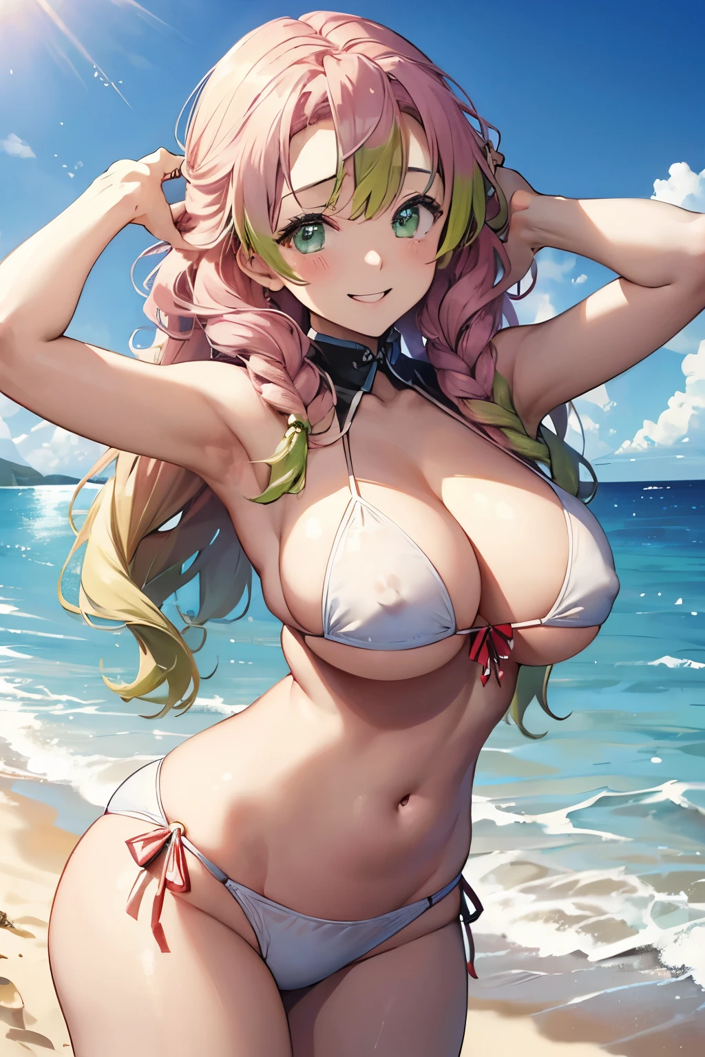 (8K、masterpiece、Highly detailed background、high resolution)、(mitsuri kanroji)、Cleavage、(beach、White Bikini、Gravure pose、Embarrassed smile、Nipple protrusion)