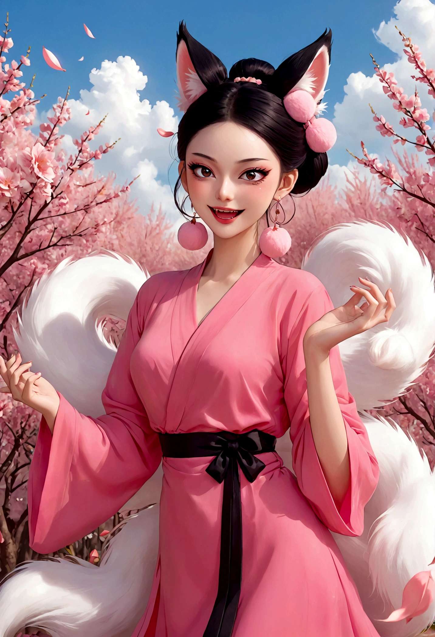 Nine-tailed fox demon，Beautiful face，beautiful eyes，Pink Eyeshadow，laughing out loud，Fangs，Big fluffy tail，Black high bun，Forehead hair，Pink pompom earrings，Pink wrap dress，绿色hand镯，hand，Spells，Peach Garden，Petals in the sky，dreamlike