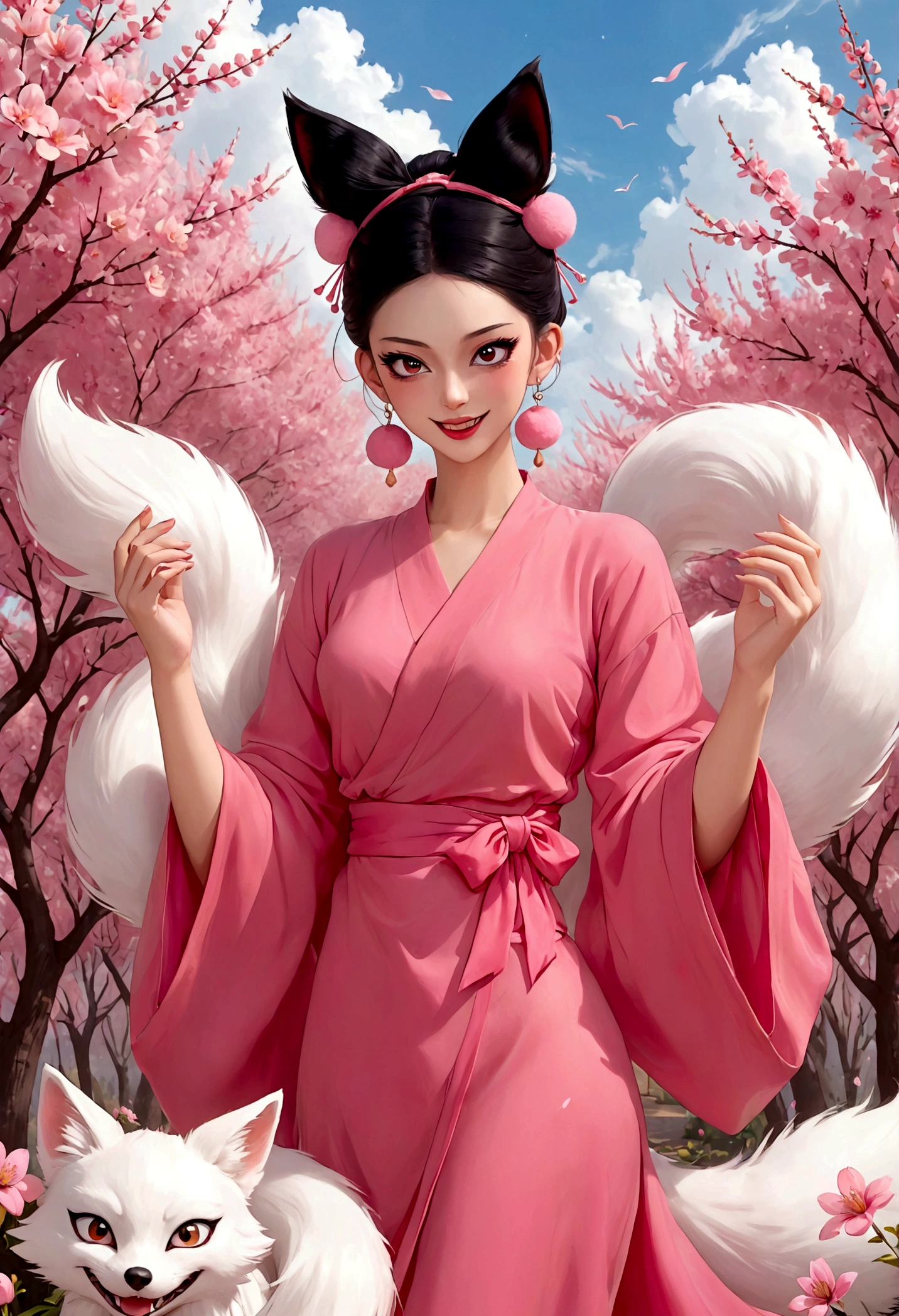 Nine-tailed fox demon，Beautiful face，beautiful eyes，Pink Eyeshadow，laughing out loud，Fangs，Big fluffy tail，Black high bun，Forehead hair，Pink pompom earrings，Pink wrap dress，绿色hand镯，hand，Spells，Peach Garden，Petals in the sky，dreamlike