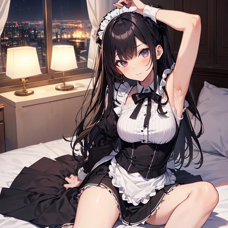 A maid, (in bedroom), various hair styles, night, details face, short skirt, seducing, sleeveless, maid uniform, armpits, laying on bed