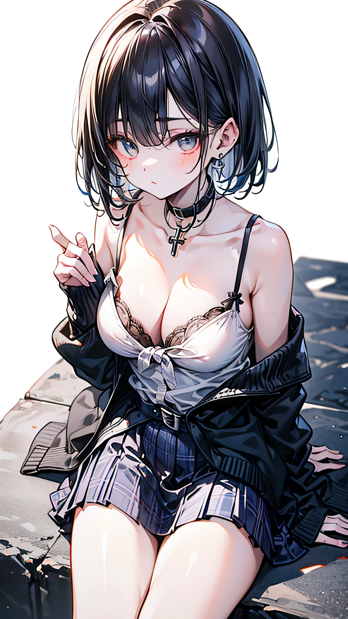 (Best quality, 8k, 32k, Masterpiece, UHD,:1.2),RAW, 1girl,ultra cute , natural lighting,transparent shining eyes, 20yo,medium breast ,fair complexion, medium breast, short hair, flushed face, Tartan, sleek, monochrome maxi skirt in pale blue ,mini skirt, fitted black camisole, Layer simple high-quality off-sholder knit cardigan in a contrasting shade, minimalist belt to cinch the waist, at park, Emphasizing the Cleavage , from above, breast, sitting cross-legged at cafe