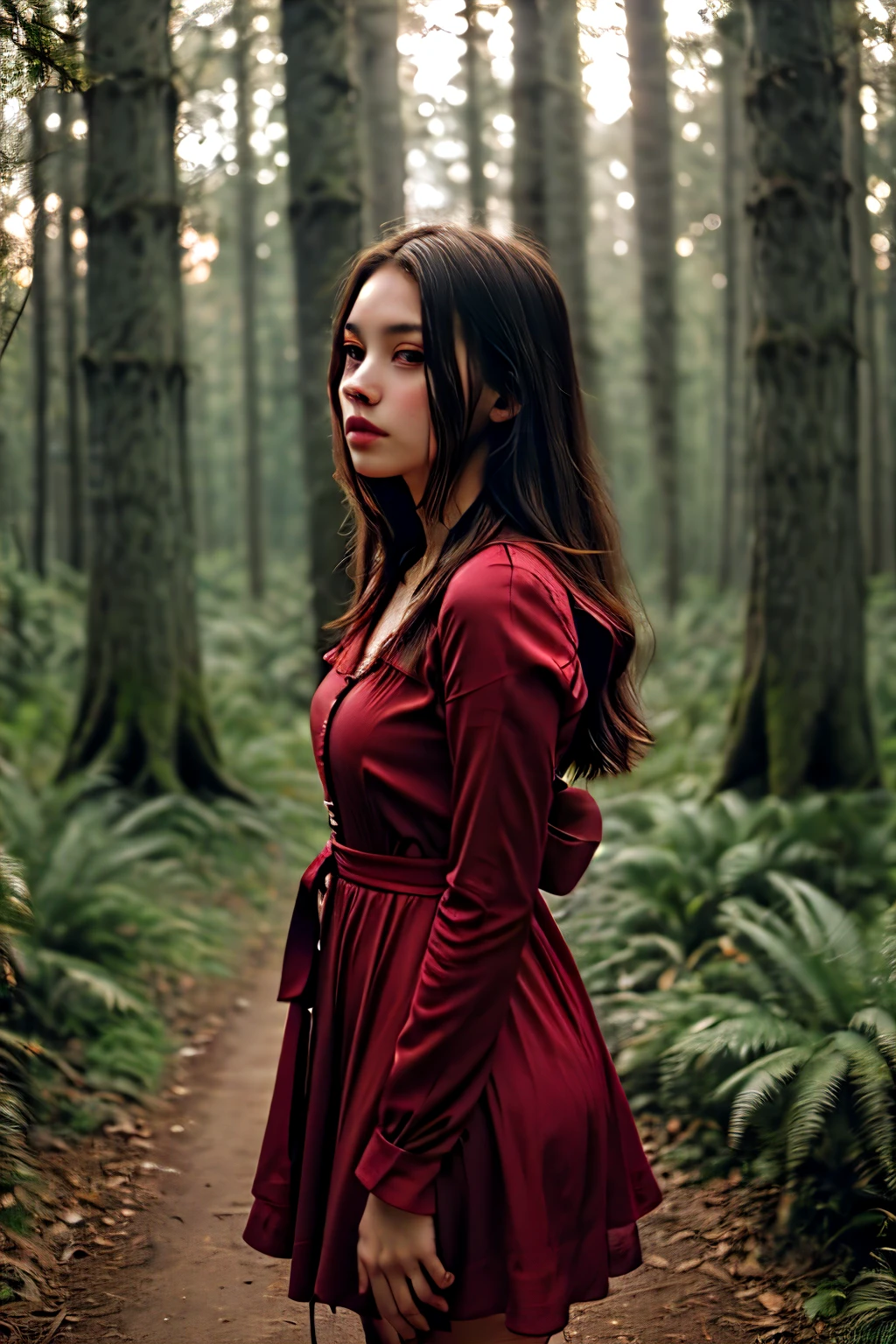 ((best quality)), ((masterpiece)), (detailed), a girl wearing red cherry dress at a dark forest with a shock and sad feeling and bold character 