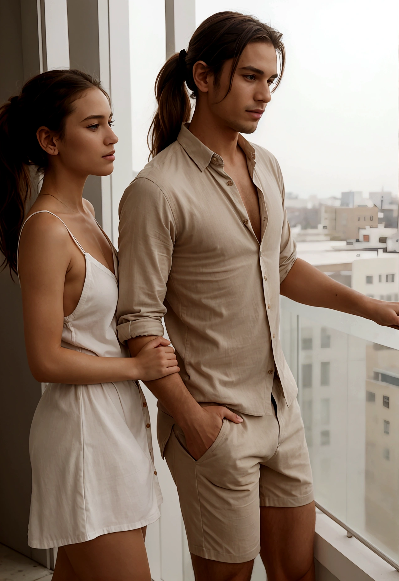 A stunning scene of a man and a woman, presumably a couple, relaxing on a cozy balcony. The pair are adorned in casual attire, with the woman wearing a flowy sundress that billows gently in the warm breeze. Her hair is pulled back into a loose ponytail, revealing her tanned shoulders. The man, on the other hand, is dressed in shorts and a button-down shirt, unbuttoned at the top to allow for some airflow. His feet are bare, and he too sports a light tan.