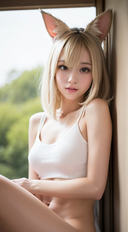 (Masterpice), (HD), (Detailed) ,( piece of art), blonde haired woman in white top and bunny ears posing for camera, very beautiful cute catgirl, beautiful young catgirl, white cat girl, perfect white haired girl, her hair is white, she has a cute face, attractive cat girl, blonde goddess, girl with short white hair, young and cute girl, she has a cute expressive face, sit,nsfw,nude,pussy