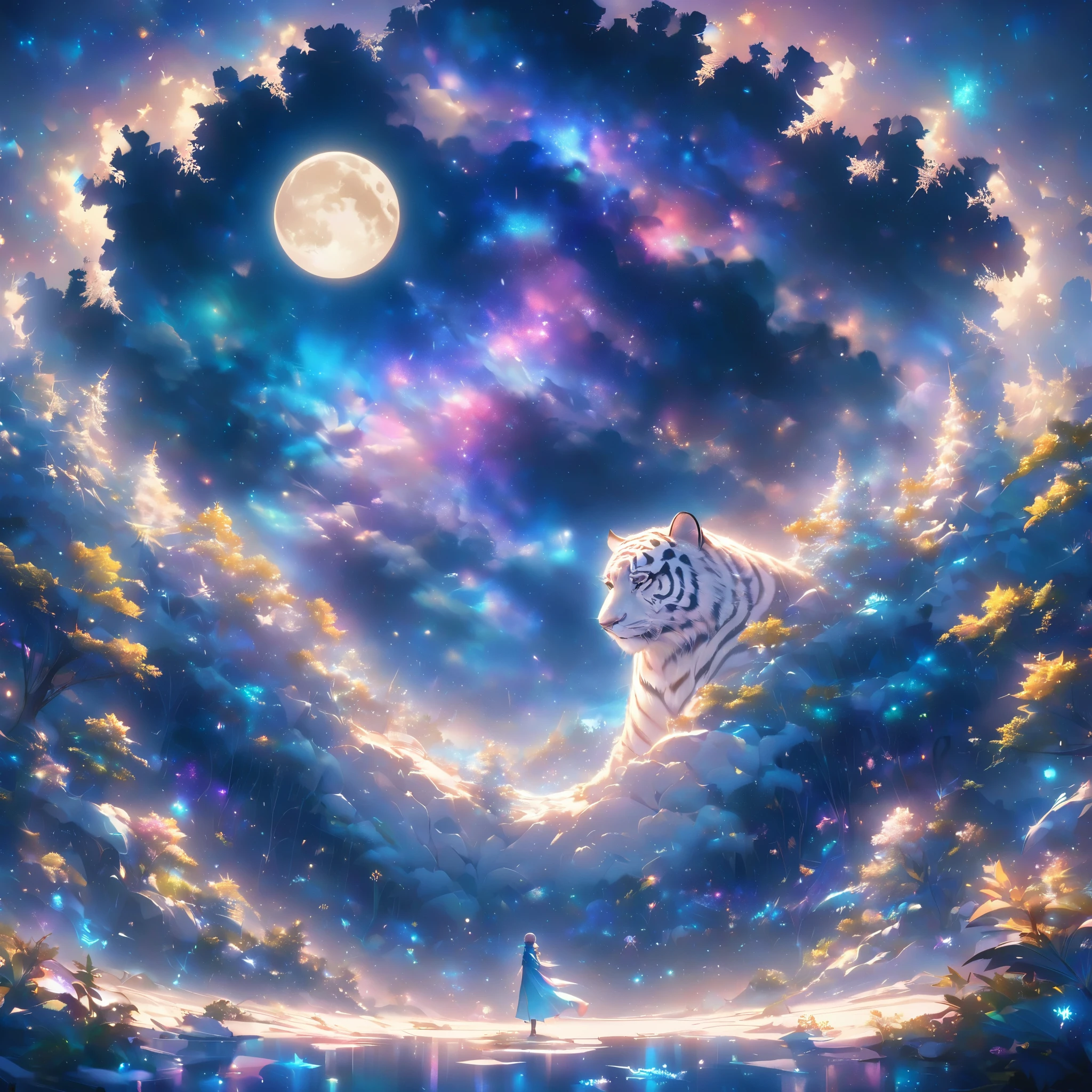 extensive landscape photography (a view from below showing the sky above and an open forest below), a white tiger on a path looking at the landscape, white siberian tiger, full fur, white fur (particle of light around of the tiger), toffu fur, night scenery, (full moon: 1.2), (shooting stars: 0.9), (nebula: 1.3), (warm light source: 1.2), (Firefly: 1.2), ( snowflake: 1.0), (snow on tree) (masterpiece: 1.2), (best quality), 4k, ultra detailed, (dynamic composition: 1.4), very detailed and colorful details, (iridescent colors: 1 ,2), (bright lighting, ambient lighting), dreamy, magical, (alone: ​​1,2)