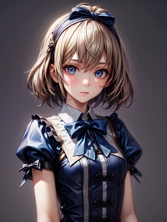 1 Girl, masterpiece, Best quality, 8K, Detailed leather texture, detailed cloth texture, beautiful detailed face, complex parts, ultra detailed, Alice in Wonderland, (bow on her head:1.1), Upper body