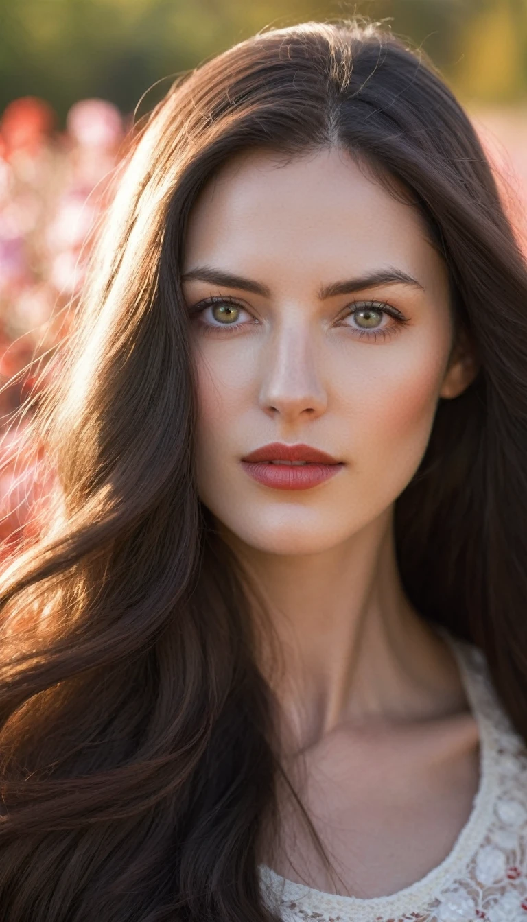 Portrait of a young woman with long dark hair, which blows in the wind.
Flowers of different colors are woven into her hair, in particular white and red, which add natural beauty and romance to the image.
Her face is partially lit with soft, warm light, which creates a contrast between light and shadow.
The facial expression is calm and a little pensive, with a slight emphasis on the eyes and lips.
The general style of photography is artistic, with a focus on details and a warm color scheme, which creates a sense of intimacy and peace.