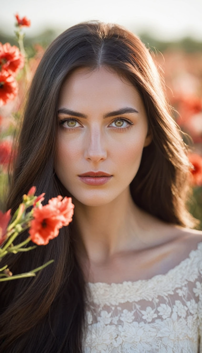 Portrait of a young woman with long dark hair, which blows in the wind.
Flowers of different colors are woven into her hair, in particular white and red, which add natural beauty and romance to the image.
Her face is partially lit with soft, warm light, which creates a contrast between light and shadow.
The facial expression is calm and a little pensive, with a slight emphasis on the eyes and lips.
The general style of photography is artistic, with a focus on details and a warm color scheme, which creates a sense of intimacy and peace.