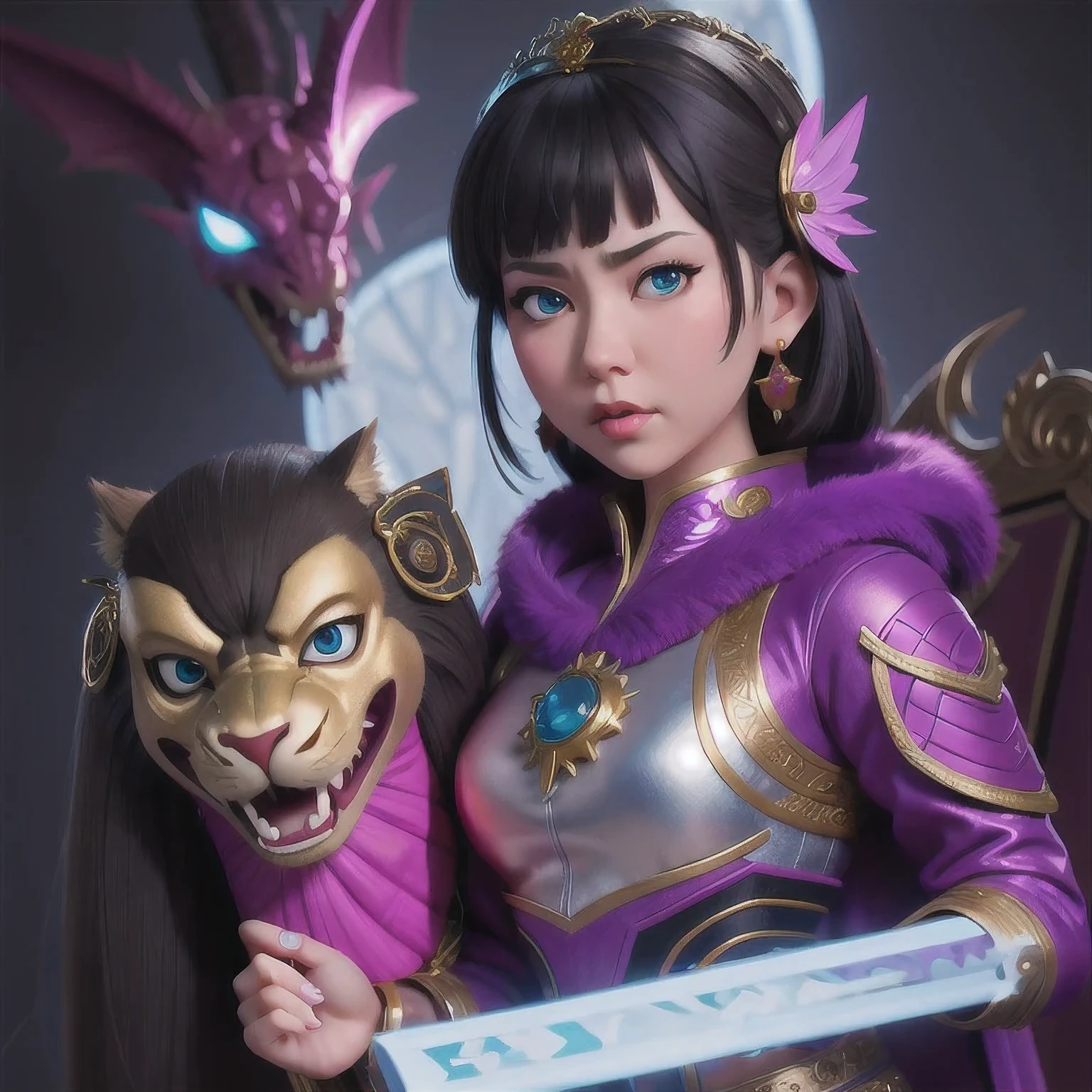 (((Disgusted look)))there is a 18 years old in a purple dress holding a dragon, wlop and ross tran, ross tran 8 k, fantasy art style, chengwei pan on artstation, a beautiful fantasy empress, ross tran and wlop, ruan jia and artgerm, the dragon girl portrait, ig model | artgerm, artgerm and ruan jia，beautiful 1girl bangs blue eyes closed mouth ear piercing earrings grey background hair ornament jewelry lips looking at viewer military military uniform nose piercing portrait realistic short hair simple background solo upper body