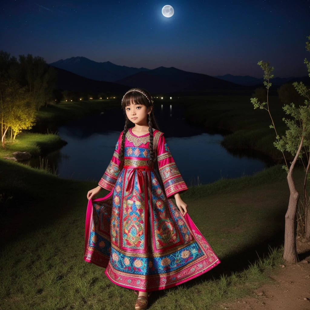 Highest quality、high quality、、Brightly embroidered ethnic costumes from Central Asia and the Caspian Sea region、Girl of the bride、Moonlit Grassland、moonlight、Long dress