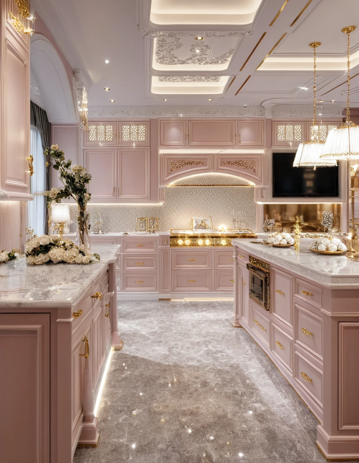 ，Masterpiece, Best quality，8K, Ultra-high resolution，When you step into the dining room and kitchen，Immediately surrounded by a rich atmosphere of luxury。Ornate crystal chandeliers hang high on the wall，Shine brightly。The sofa was covered with a soft white fluffy blanket，It is so comfortable，So much so that you can't help but indulge in it。In the corner of the dining room is a delicate coffee table，Embellished with precious porcelain and champagne gold ornaments。Whenever it is late afternoon，The afterglow from the window spilled on the floor，Soft light and shadow are reflected，It was as if entering a dreamland。