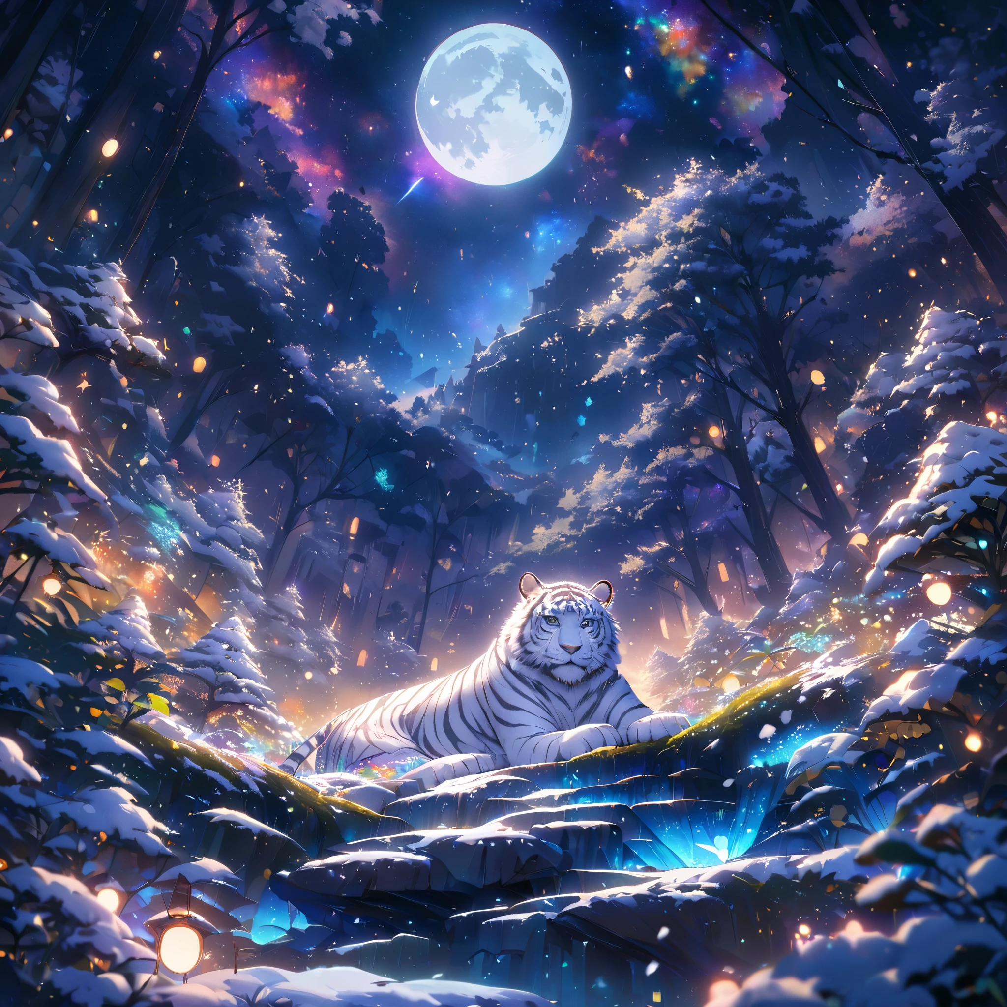 extensive landscape photography (a view from below showing the sky above and an open forest below), a white tiger on a path looking at the landscape, white siberian tiger, full fur, white fur (particle of light around of the tiger), toffu fur, night scenery, (full moon: 1.2), (shooting stars: 0.9), (nebula: 1.3), (warm light source: 1.2), (Firefly: 1.2), ( snowflake: 1.0), (snow on tree) (masterpiece: 1.2), (best quality), 4k, ultra detailed, (dynamic composition: 1.4), very detailed and colorful details, (iridescent colors: 1 ,2), (bright lighting, ambient lighting), dreamy, magical, (alone: ​​1,2)