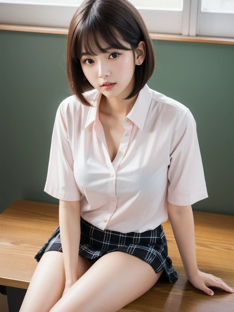 (8k, Photorealistic, Raw photo, Highest quality: 1.4),Japanese idol-style beautiful girl,1 person,17 years old,Hairstyle(Short Bob,Black :1.4),She has her hair tucked behind her ears,Large, clear grey eyes,Long eyelashes,Plump Cheeks,Thin and delicate shoulders,(bra(Pink)Wearing),thin abdomen,(She is wearing a plain white short-sleeved blouse),(All buttons are undone and the hem is hanging out..8),(Pleated skirt(Plaid)Wearing),Blackの靴下を履いている,School classroom,(Sitting with both feet on the desk and legs wide apart :1.4),(Place your hands on your crotch),(Angle from below the front),Full body portrait